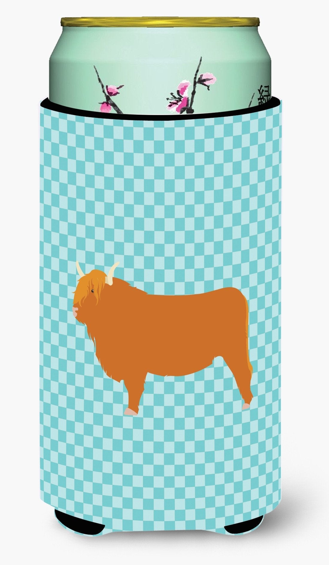 Highland Cow Blue Check Tall Boy Hugger Can Cooler Sleeve Machine Washable Drink Collapsible Insulator Beverage Insulated Holder