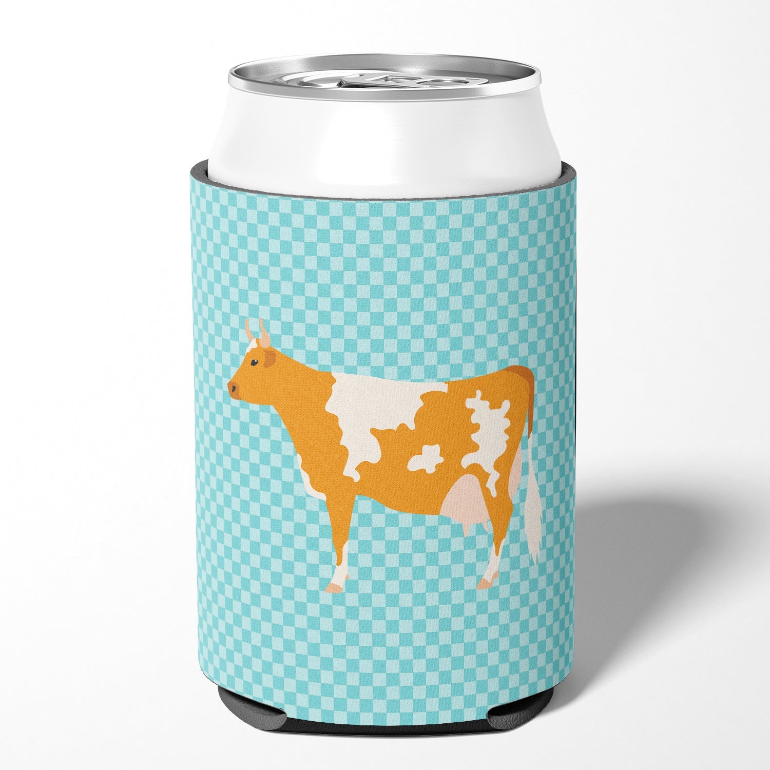 Guernsey Cow Blue Check Can or Bottle Hugger Cooler Sleeve for Standard 12 oz Cans, Insulated Foam Beer & Soda Can Hugger Reusable
