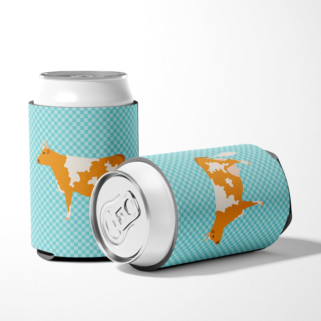 Guernsey Cow Blue Check Can or Bottle Hugger Cooler Sleeve for Standard 12 oz Cans, Insulated Foam Beer & Soda Can Hugger Reusable