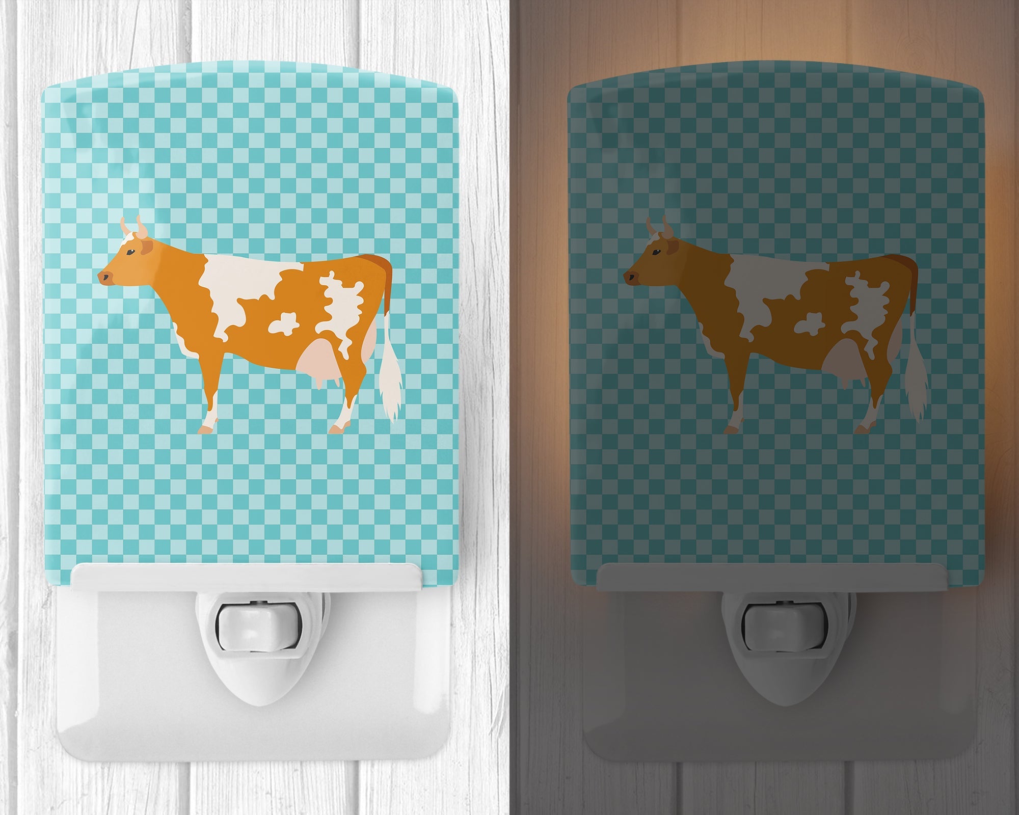 Guernsey Cow Blue Check Ceramic Night Light Compact, UL-Certified, Ideal for Bedroom, Bathroom, Nursery, Hallway, Kitchen, 6x4x3, Multicolor