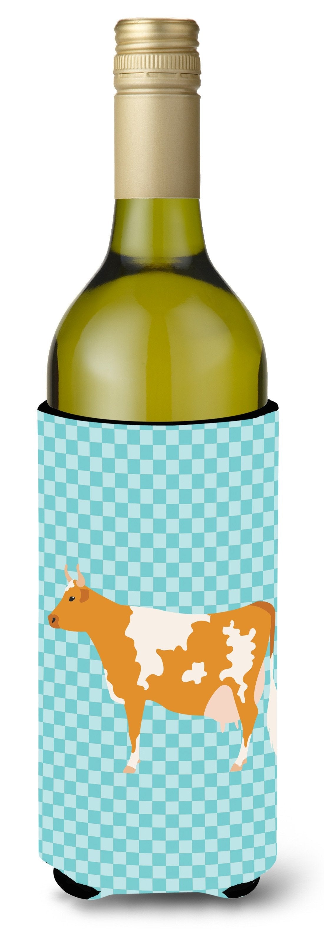 Guernsey Cow Blue Check Wine Bottle Hugger Gift Sleeve for Standard 750 ml Bottles, Insulated Reusable Also Fits Mini Shot & Pint Bottles