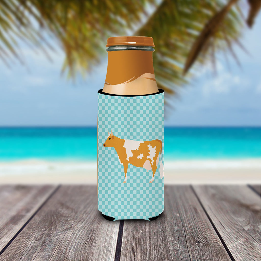 Guernsey Cow Blue Check Slim Can Hugger , Insulated Foam Hugger for 12 oz Slim Cans, Beer Bottles & Water Bottles, Printed in USA