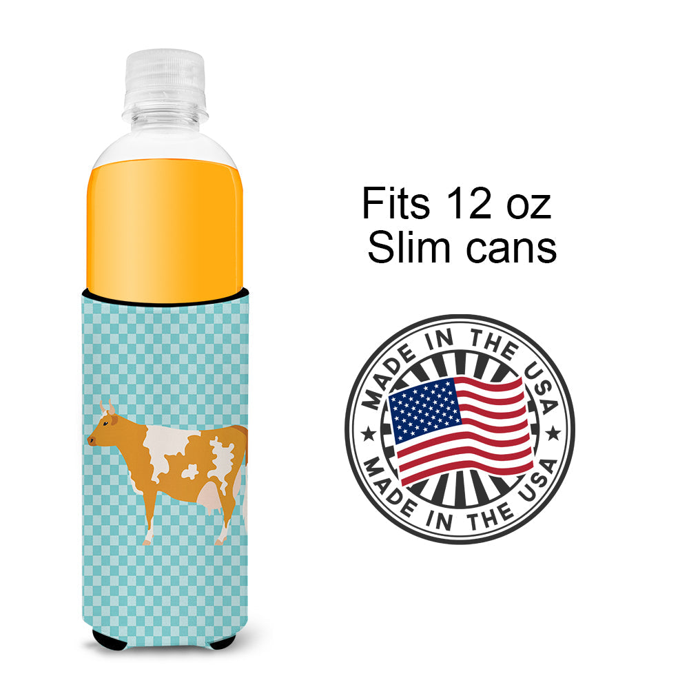 Guernsey Cow Blue Check Slim Can Hugger , Insulated Foam Hugger for 12 oz Slim Cans, Beer Bottles & Water Bottles, Printed in USA