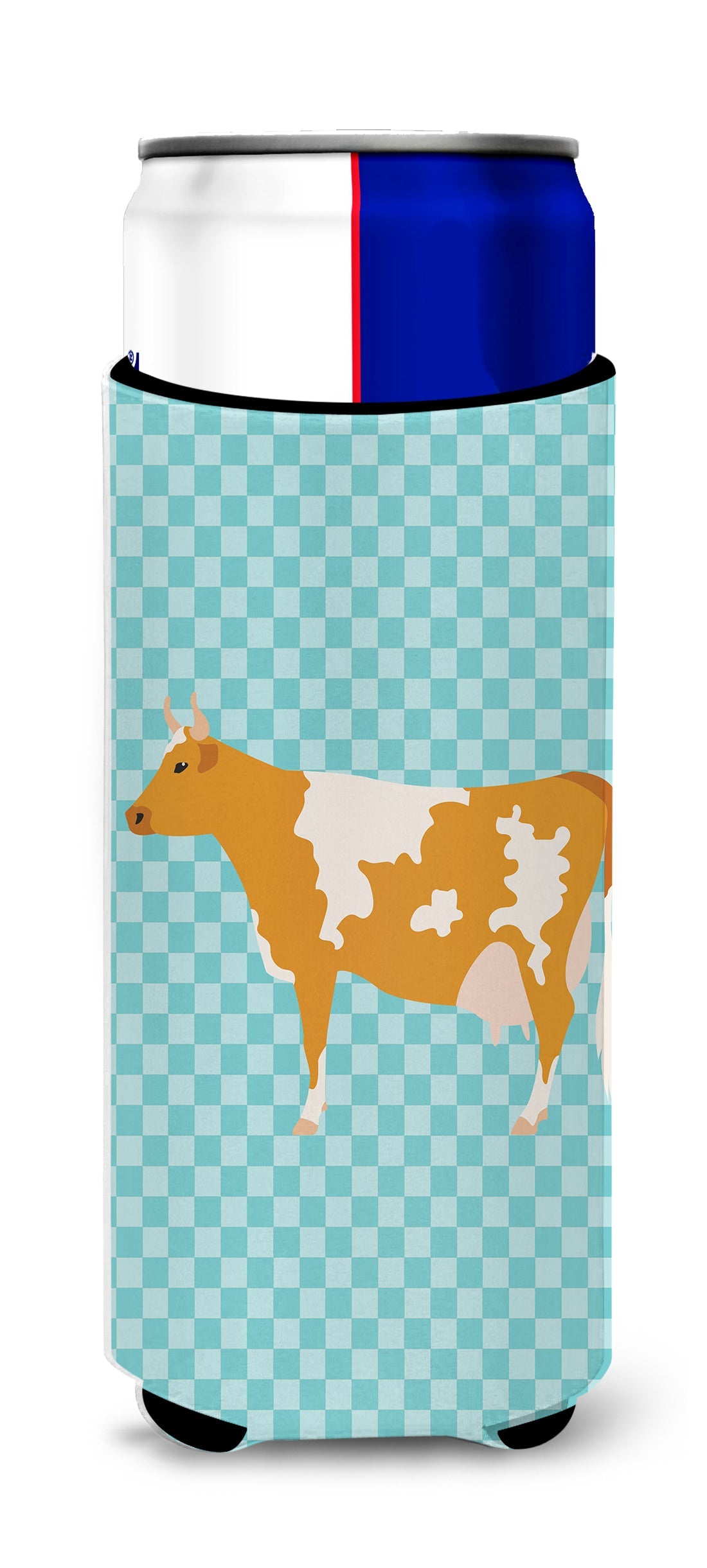 Guernsey Cow Blue Check Slim Can Hugger , Insulated Foam Hugger for 12 oz Slim Cans, Beer Bottles & Water Bottles, Printed in USA