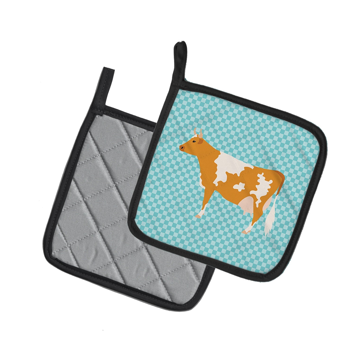 Guernsey Cow Blue Check Pot Holder Set of 2 Heat Resistant Quilted Hot Pads 7.5 x 7.5 Inch, Insulated Kitchen Trivets for Cooking & Baking