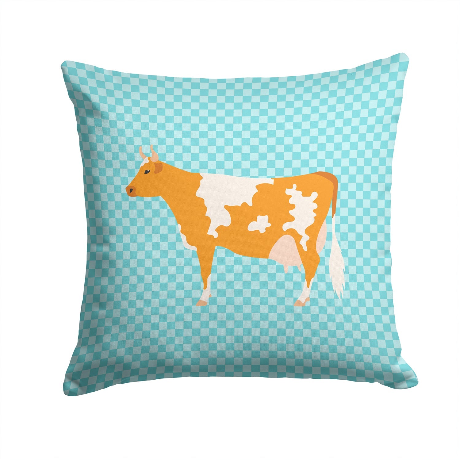 Guernsey Cow Blue Check Decorative Throw Pillow 14x14 Indoor Outdoor Accent Cushion, Fabric Cover with Insert for Sofa, Bed, Porch & Living Room