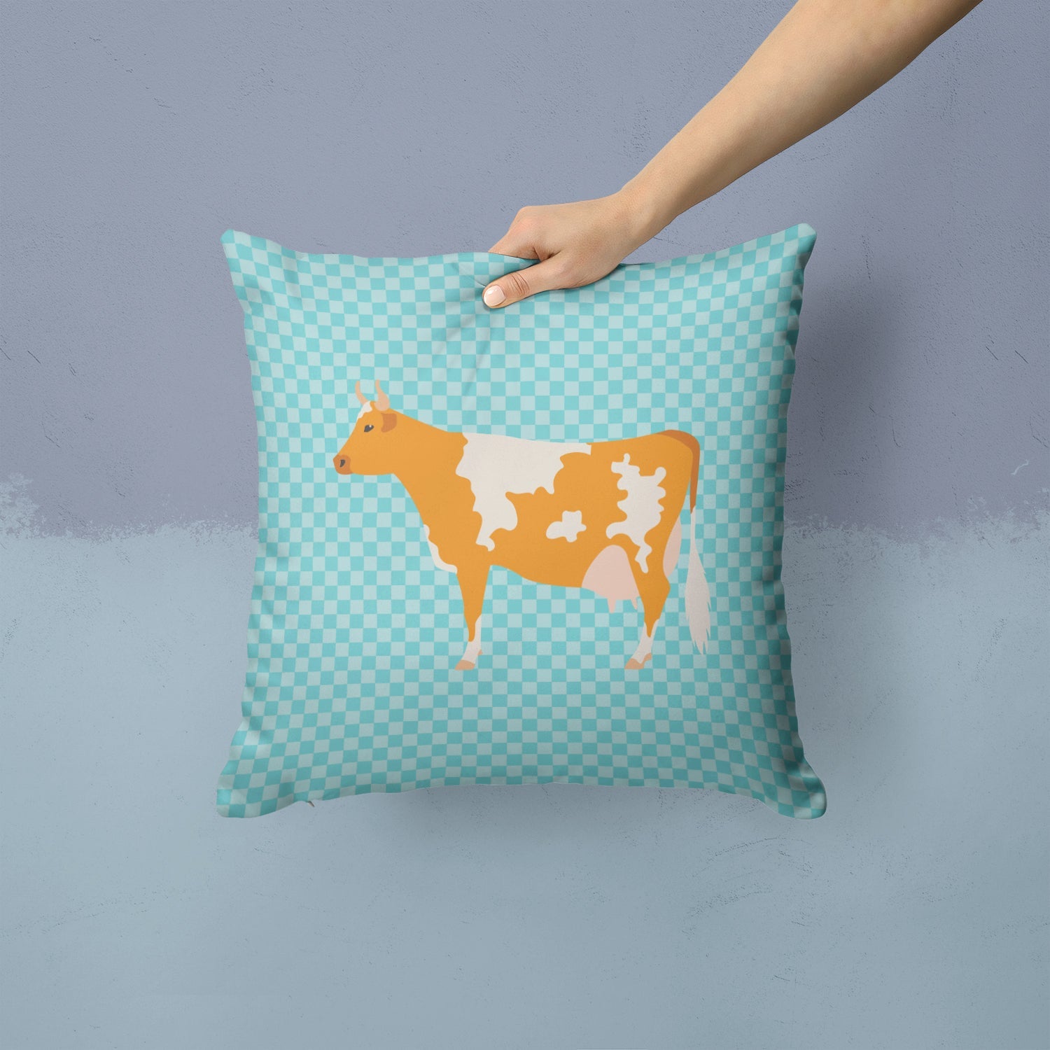 Guernsey Cow Blue Check Decorative Throw Pillow 14x14 Indoor Outdoor Accent Cushion, Fabric Cover with Insert for Sofa, Bed, Porch & Living Room