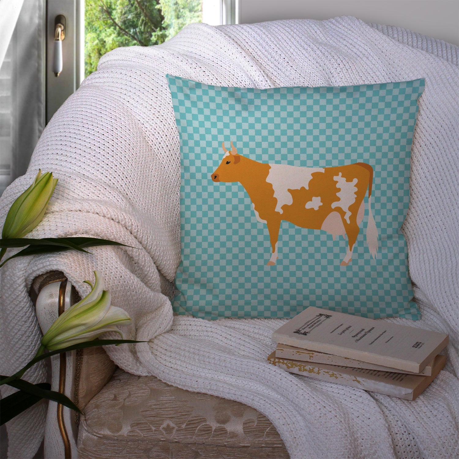 Guernsey Cow Blue Check Decorative Throw Pillow 14x14 Indoor Outdoor Accent Cushion, Fabric Cover with Insert for Sofa, Bed, Porch & Living Room