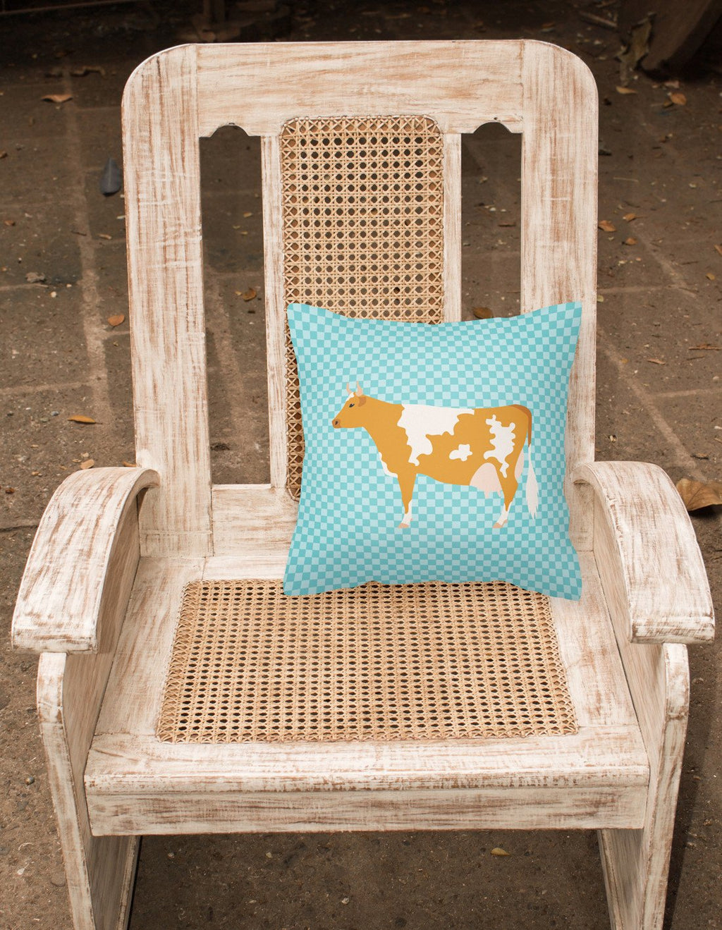 Guernsey Cow Blue Check Decorative Throw Pillow 18x18 Indoor Outdoor Accent Cushion, Fabric Cover with Insert for Sofa, Bed, Porch & Living Room