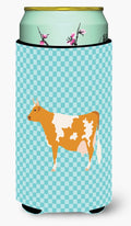 Guernsey Cow Blue Check Tall Boy Hugger Can Cooler Sleeve Machine Washable Drink Collapsible Insulator Beverage Insulated Holder
