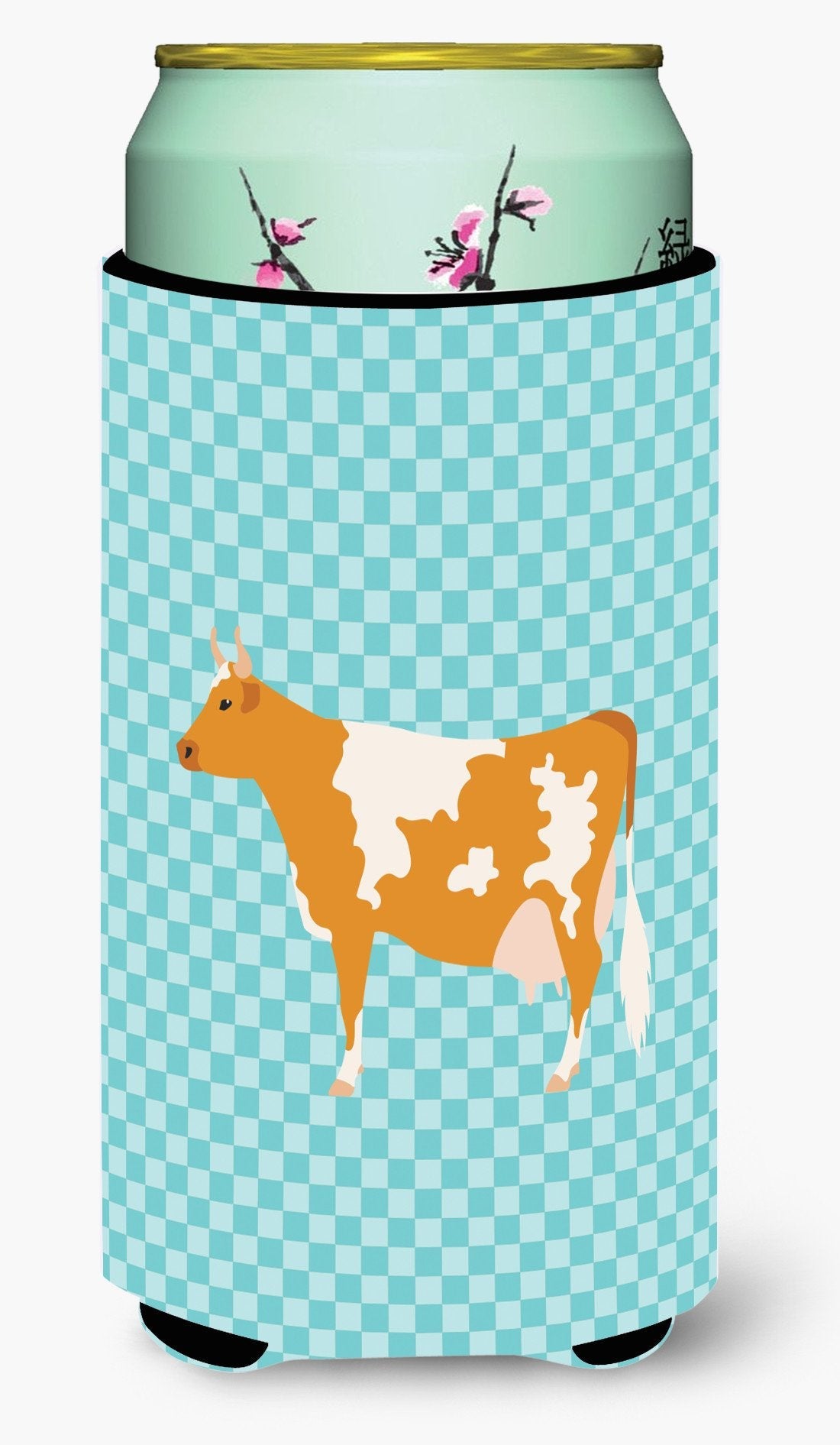 Guernsey Cow Blue Check Tall Boy Hugger Can Cooler Sleeve Machine Washable Drink Collapsible Insulator Beverage Insulated Holder