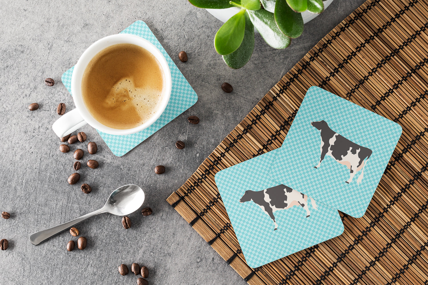 Holstein Cow Blue Check Foam Coasters Set of 4 Cup Coasters for Indoor Outdoor, Tabletop Protection, Anti Slip, Mouse pad Material