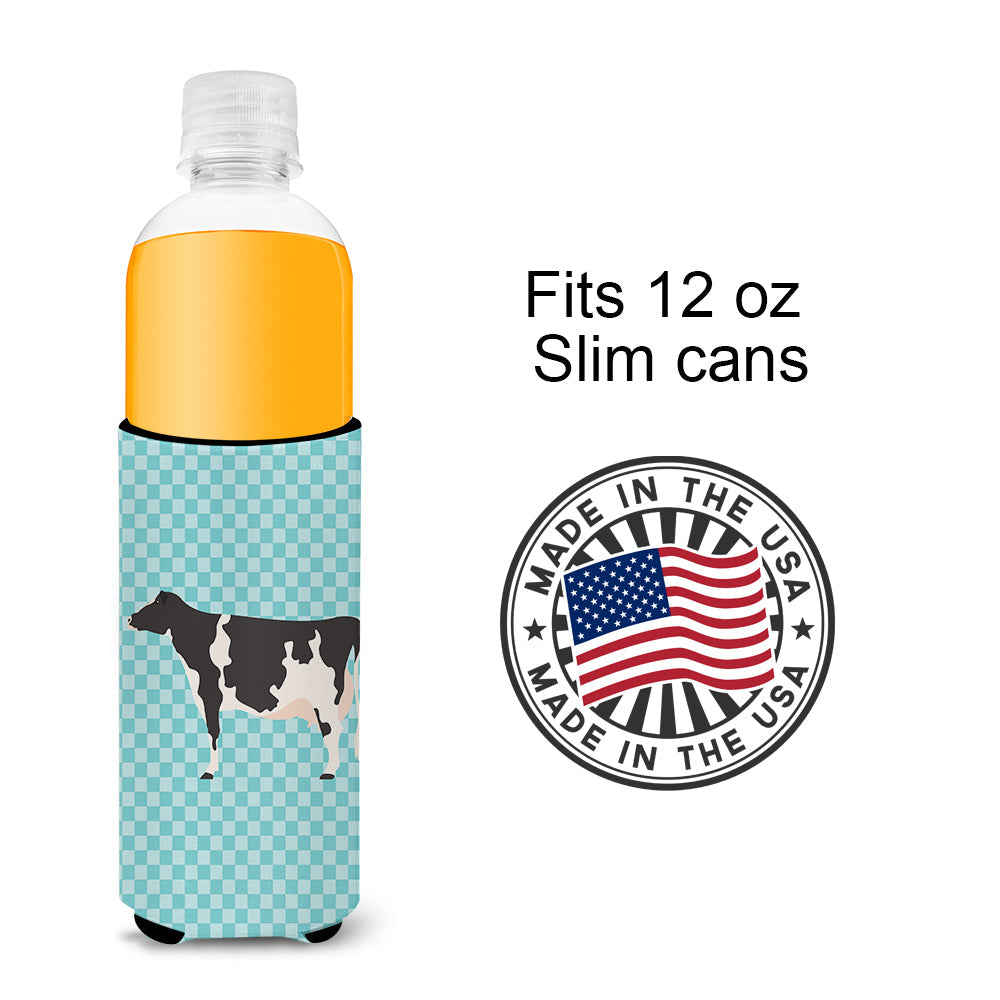 Holstein Cow Blue Check Slim Can Hugger , Insulated Foam Hugger for 12 oz Slim Cans, Beer Bottles & Water Bottles, Printed in USA