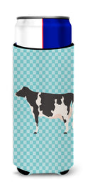 Holstein Cow Blue Check Slim Can Hugger , Insulated Foam Hugger for 12 oz Slim Cans, Beer Bottles & Water Bottles, Printed in USA