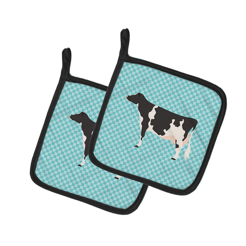 Holstein Cow Blue Check Pot Holder Set of 2 Heat Resistant Quilted Hot Pads 7.5 x 7.5 Inch, Insulated Kitchen Trivets for Cooking & Baking