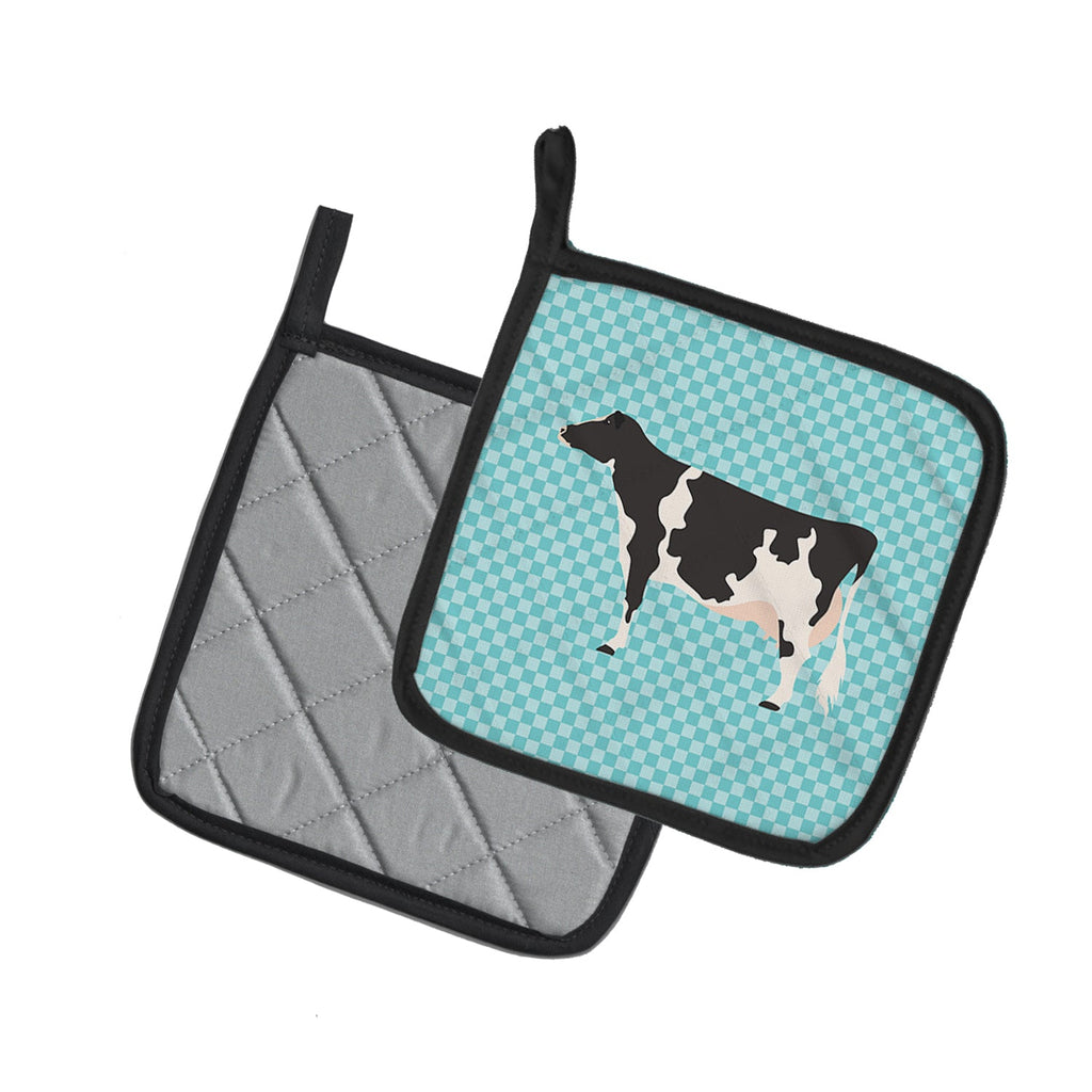 Holstein Cow Blue Check Pot Holder Set of 2 Heat Resistant Quilted Hot Pads 7.5 x 7.5 Inch, Insulated Kitchen Trivets for Cooking & Baking