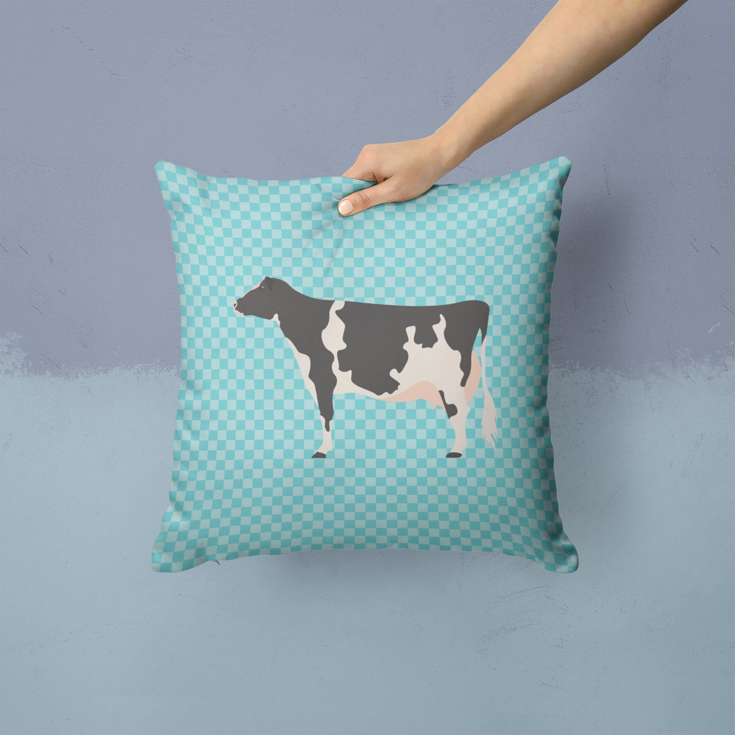 Holstein Cow Blue Check Decorative Throw Pillow 14x14 Indoor Outdoor Accent Cushion, Fabric Cover with Insert for Sofa, Bed, Porch & Living Room