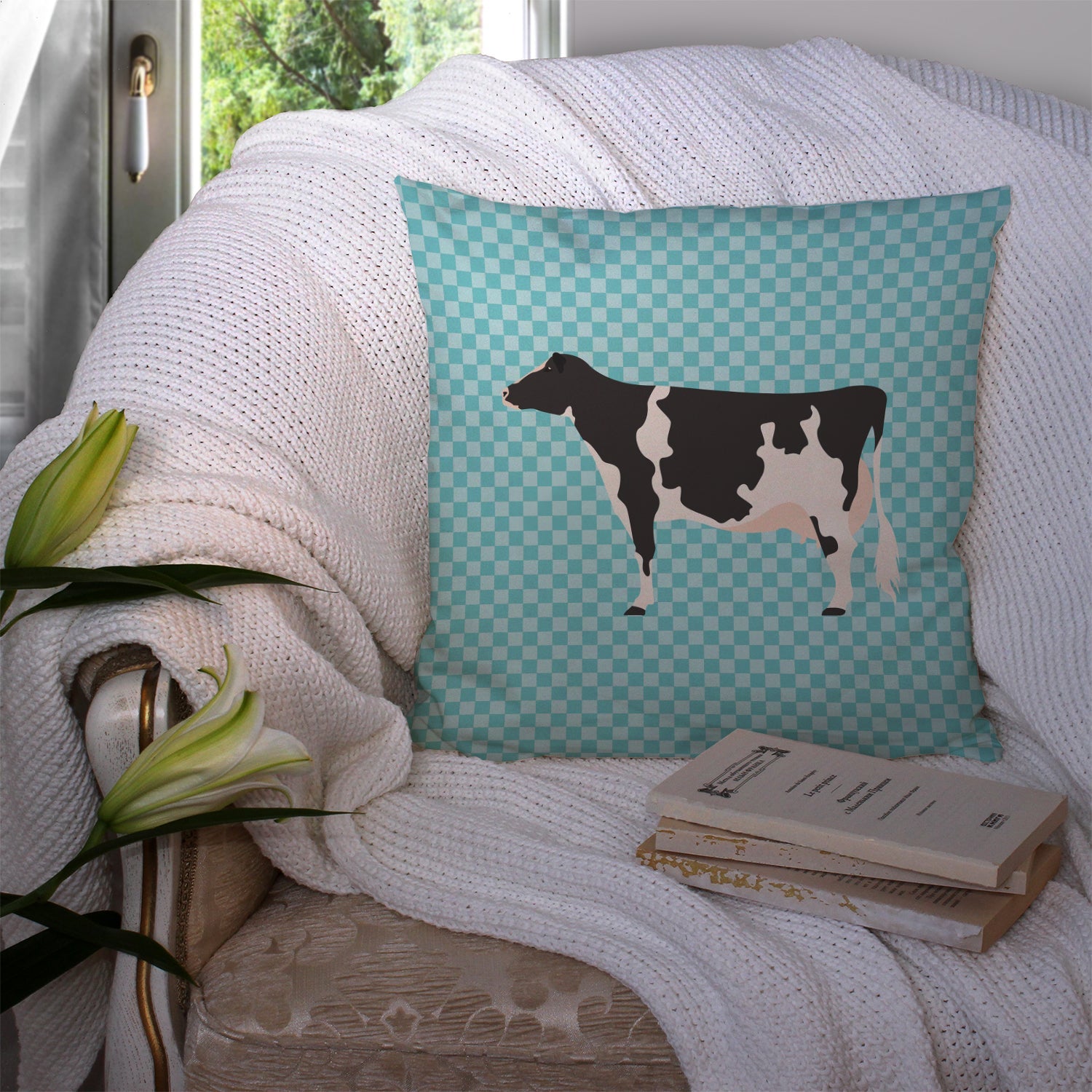 Holstein Cow Blue Check Decorative Throw Pillow 14x14 Indoor Outdoor Accent Cushion, Fabric Cover with Insert for Sofa, Bed, Porch & Living Room