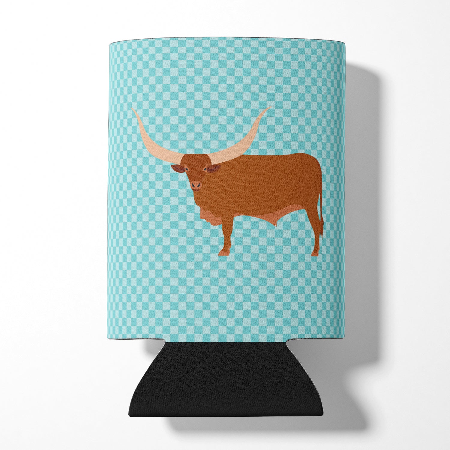 Ankole-Watusu Cow Blue Check Can or Bottle Hugger Cooler Sleeve for Standard 12 oz Cans, Insulated Foam Beer & Soda Can Hugger Reusable