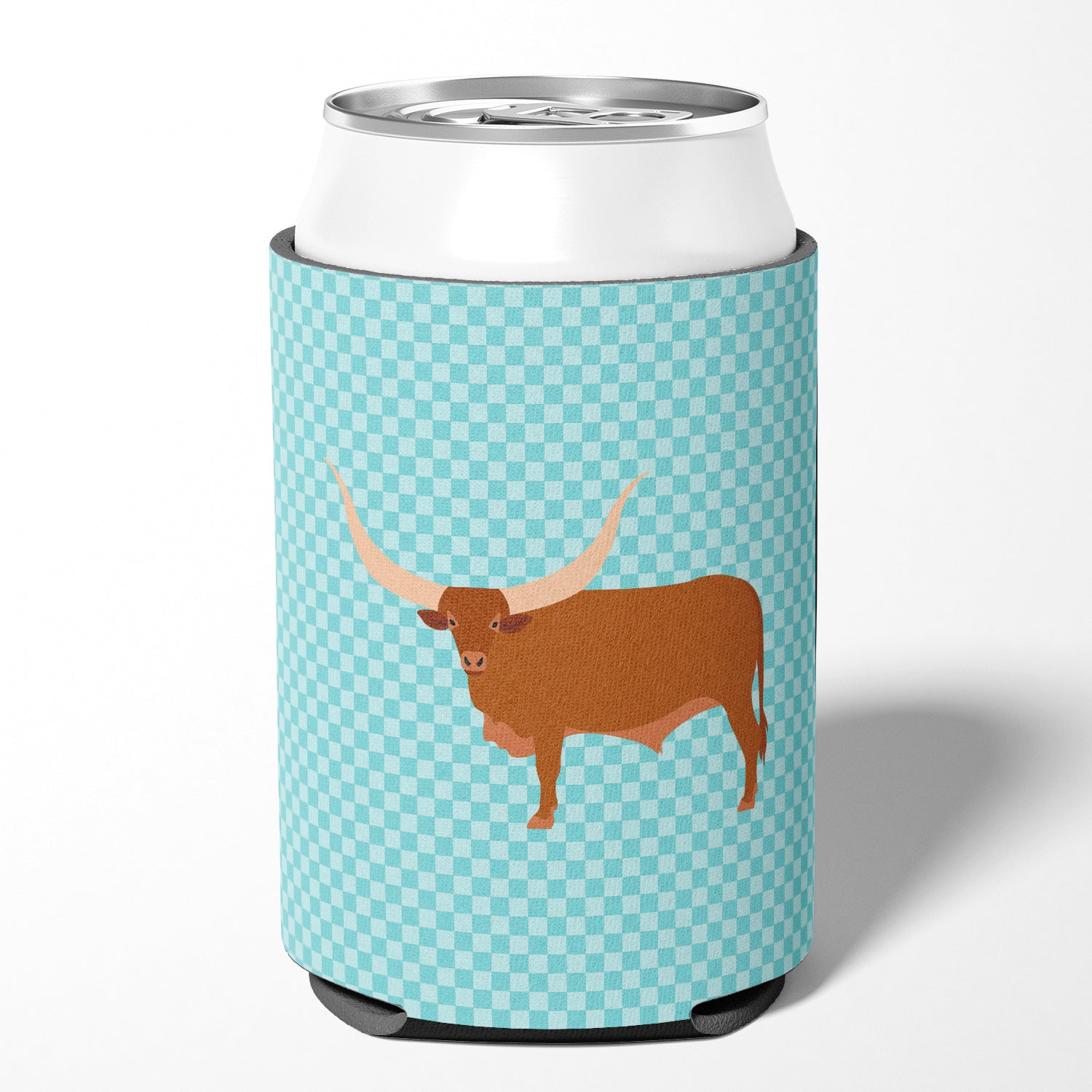 Ankole-Watusu Cow Blue Check Can or Bottle Hugger Cooler Sleeve for Standard 12 oz Cans, Insulated Foam Beer & Soda Can Hugger Reusable