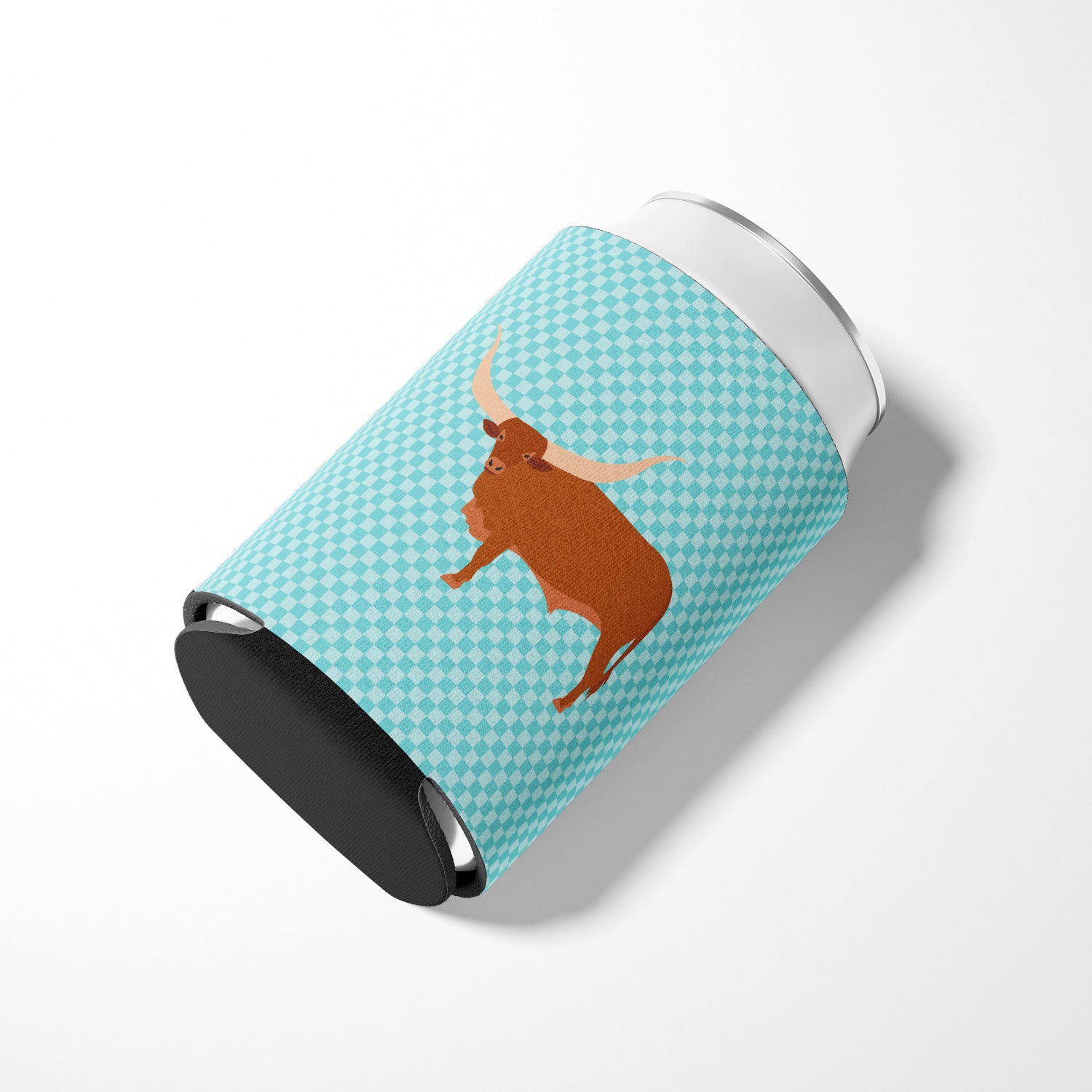 Ankole-Watusu Cow Blue Check Can or Bottle Hugger Cooler Sleeve for Standard 12 oz Cans, Insulated Foam Beer & Soda Can Hugger Reusable
