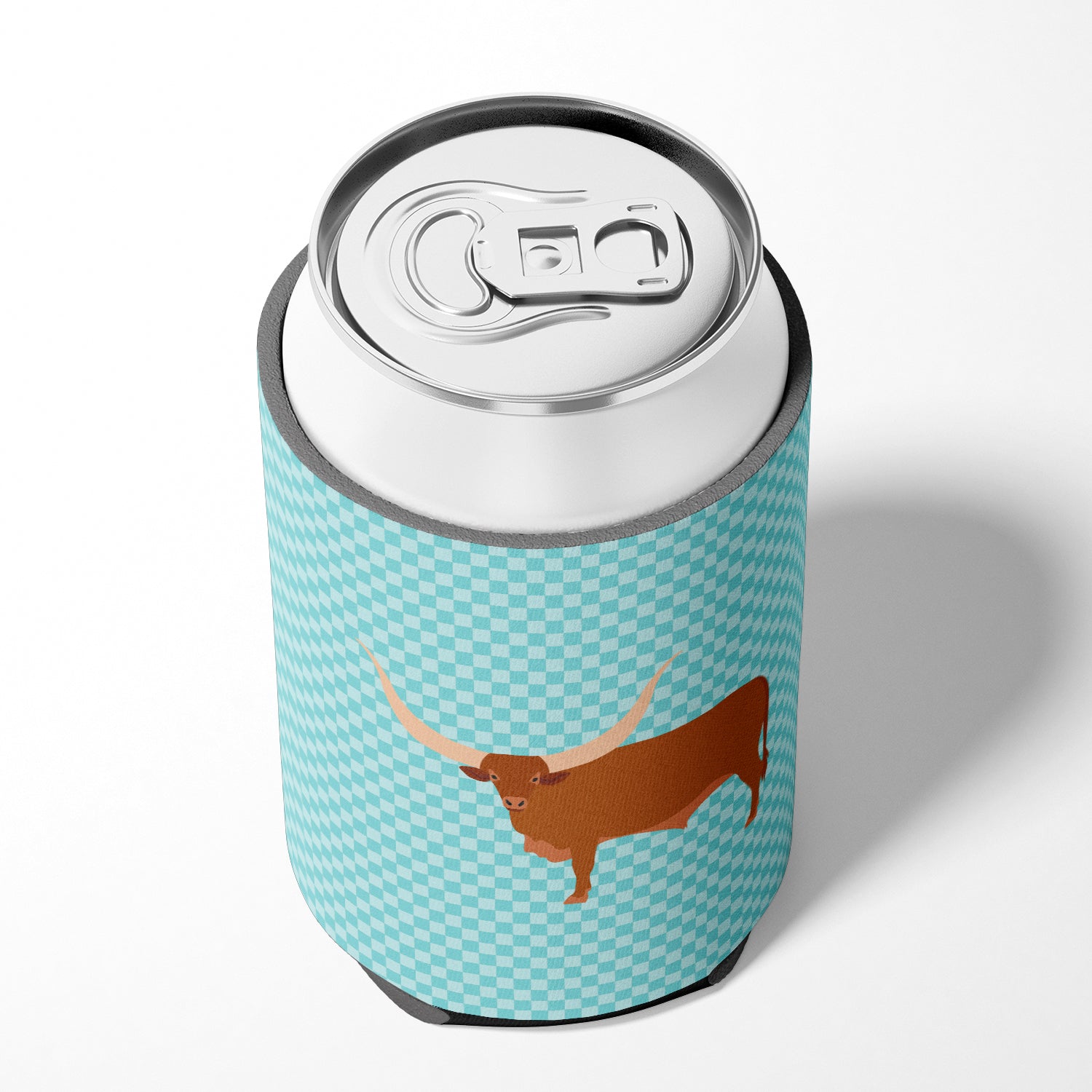 Ankole-Watusu Cow Blue Check Can or Bottle Hugger Cooler Sleeve for Standard 12 oz Cans, Insulated Foam Beer & Soda Can Hugger Reusable