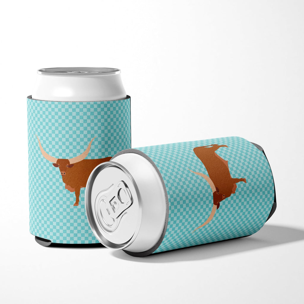 Ankole-Watusu Cow Blue Check Can or Bottle Hugger Cooler Sleeve for Standard 12 oz Cans, Insulated Foam Beer & Soda Can Hugger Reusable