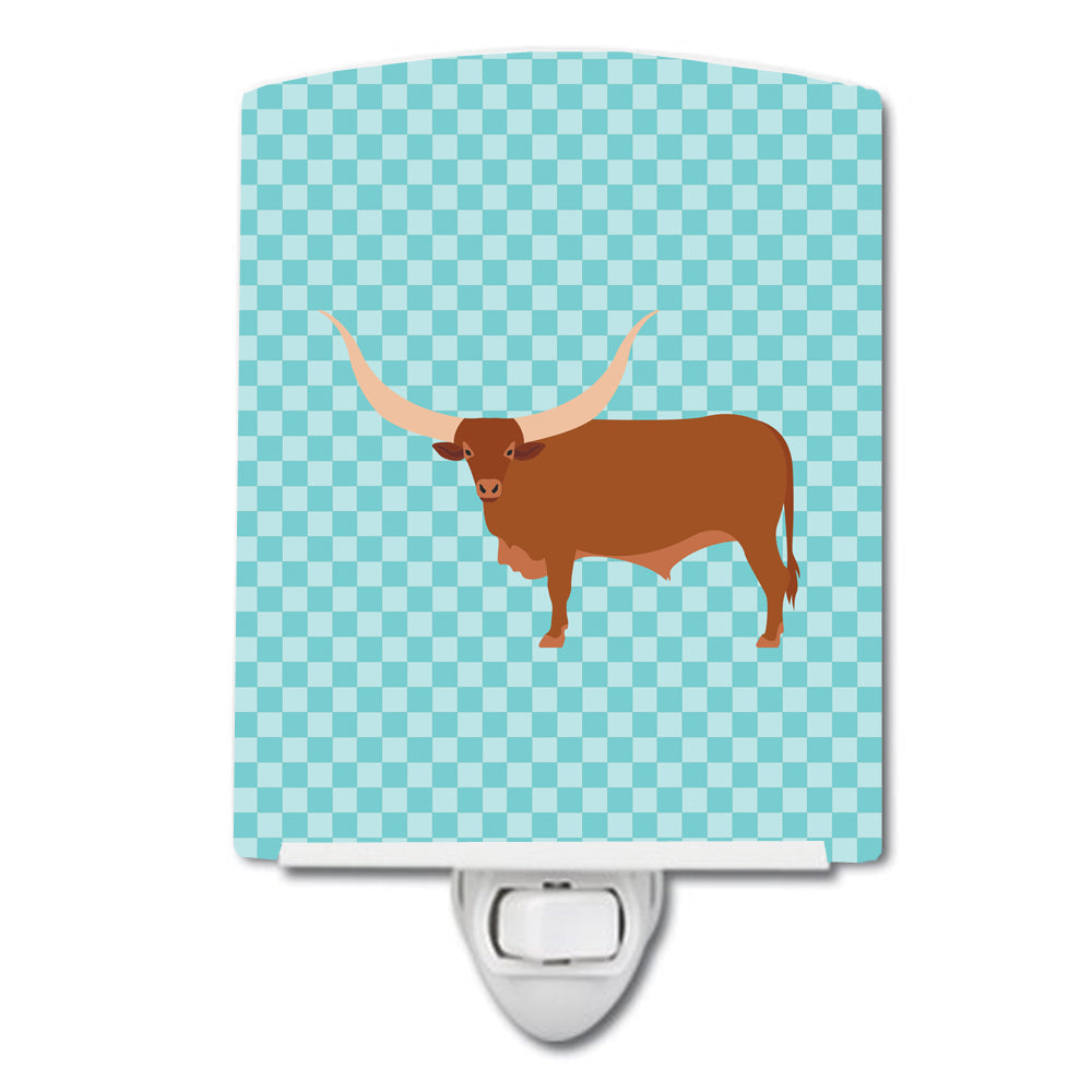 Ankole-Watusu Cow Blue Check Ceramic Night Light Compact, UL-Certified, Ideal for Bedroom, Bathroom, Nursery, Hallway, Kitchen, 6x4x3, Multicolor