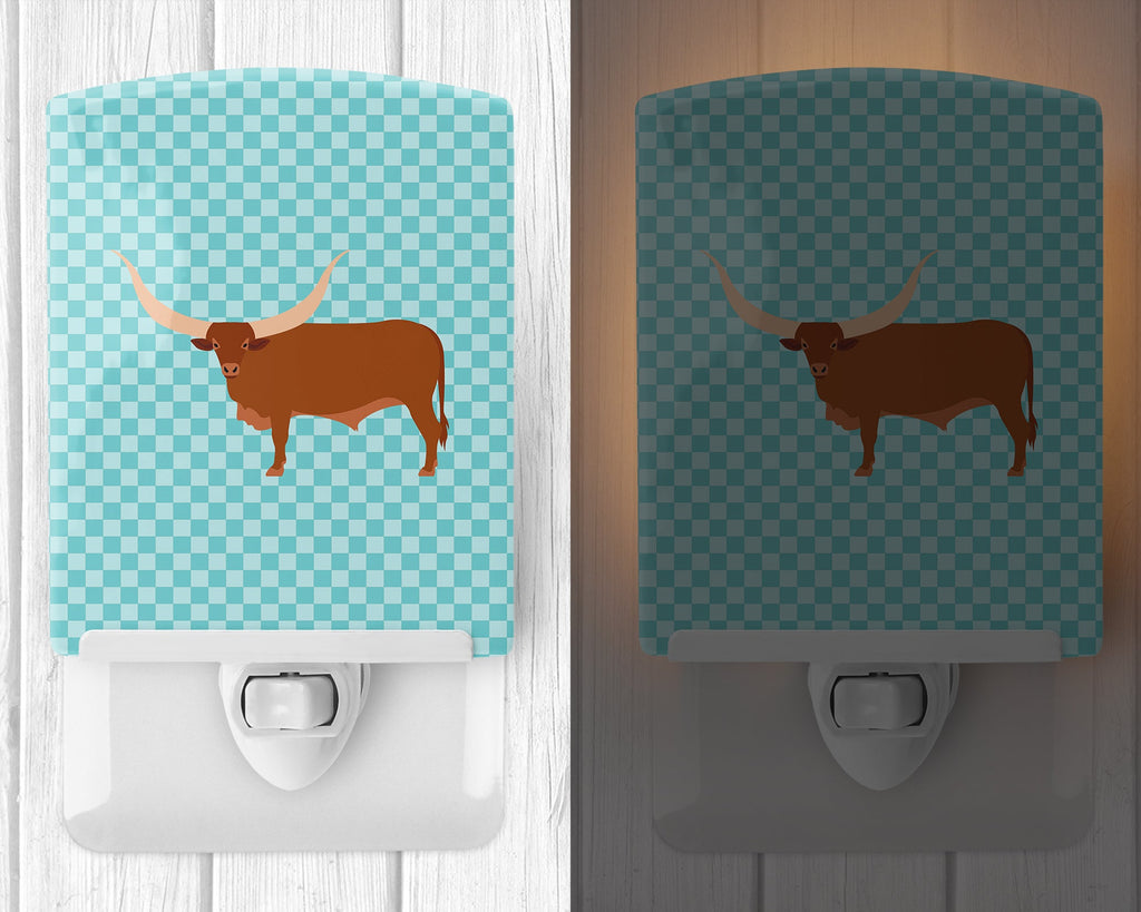 Ankole-Watusu Cow Blue Check Ceramic Night Light Compact, UL-Certified, Ideal for Bedroom, Bathroom, Nursery, Hallway, Kitchen, 6x4x3, Multicolor