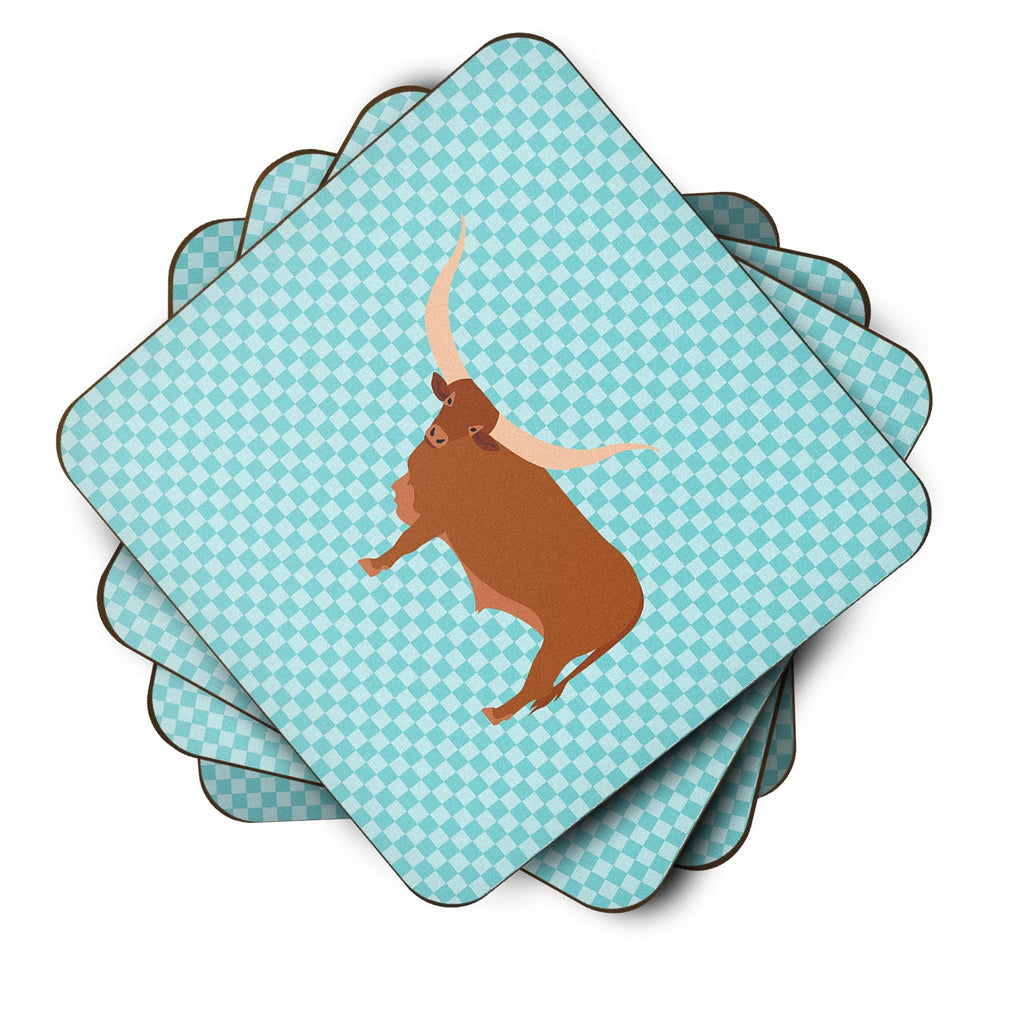 Ankole-Watusu Cow Blue Check Foam Coasters Set of 4 Cup Coasters for Indoor Outdoor, Tabletop Protection, Anti Slip, Mouse pad Material