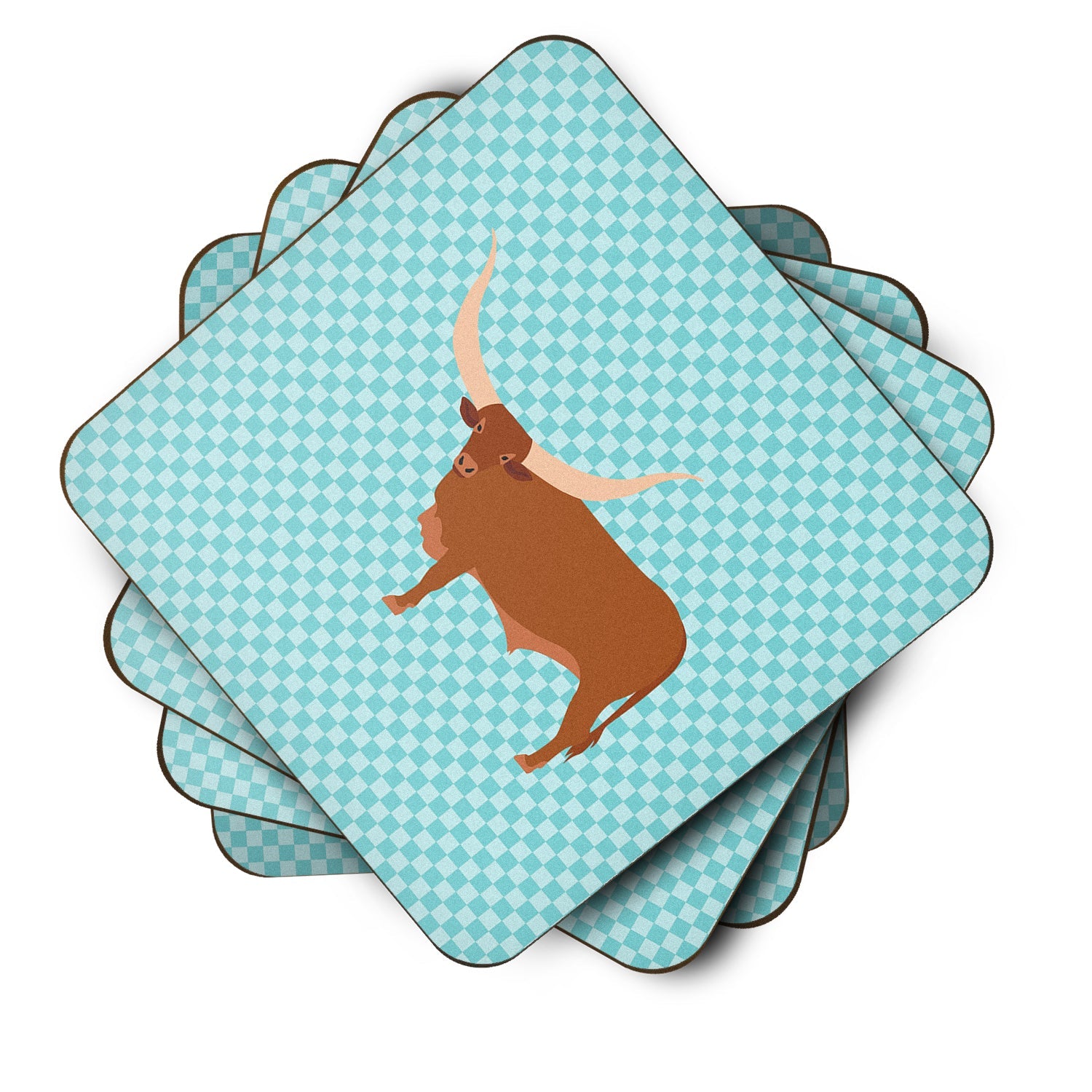 Ankole-Watusu Cow Blue Check Foam Coasters Set of 4 Cup Coasters for Indoor Outdoor, Tabletop Protection, Anti Slip, Mouse pad Material