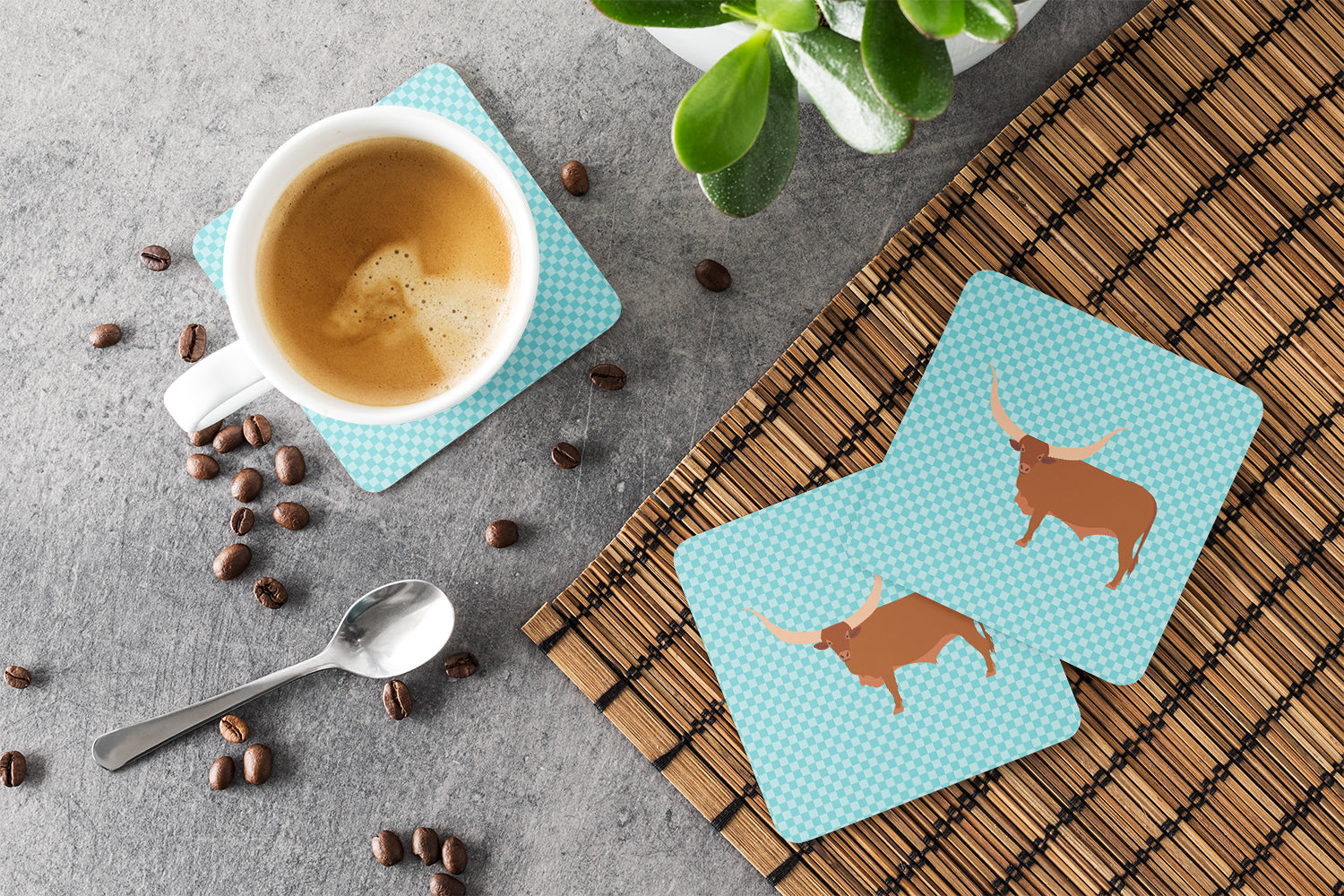 Ankole-Watusu Cow Blue Check Foam Coasters Set of 4 Cup Coasters for Indoor Outdoor, Tabletop Protection, Anti Slip, Mouse pad Material