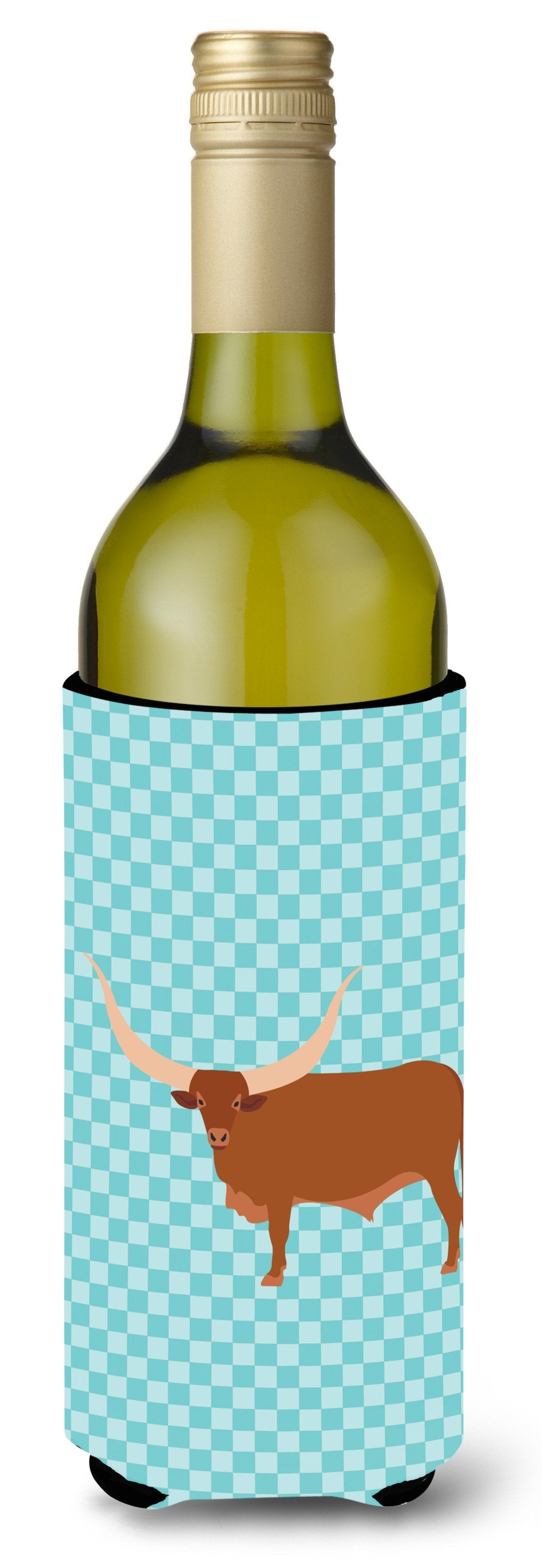 Ankole-Watusu Cow Blue Check Wine Bottle Hugger Gift Sleeve for Standard 750 ml Bottles, Insulated Reusable Also Fits Mini Shot & Pint Bottles