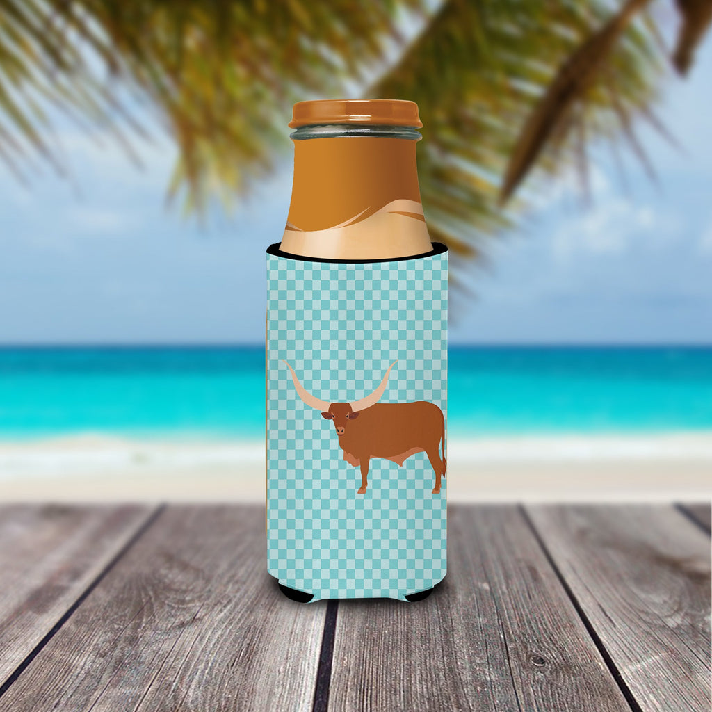 Ankole-Watusu Cow Blue Check Slim Can Hugger , Insulated Foam Hugger for 12 oz Slim Cans, Beer Bottles & Water Bottles, Printed in USA