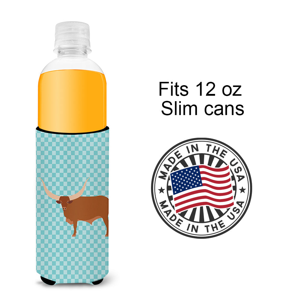 Ankole-Watusu Cow Blue Check Slim Can Hugger , Insulated Foam Hugger for 12 oz Slim Cans, Beer Bottles & Water Bottles, Printed in USA