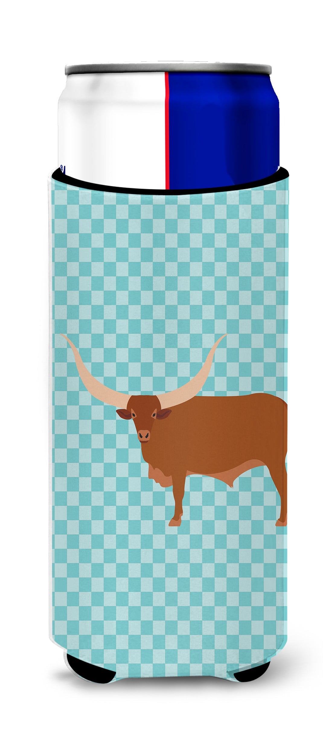 Ankole-Watusu Cow Blue Check Slim Can Hugger , Insulated Foam Hugger for 12 oz Slim Cans, Beer Bottles & Water Bottles, Printed in USA