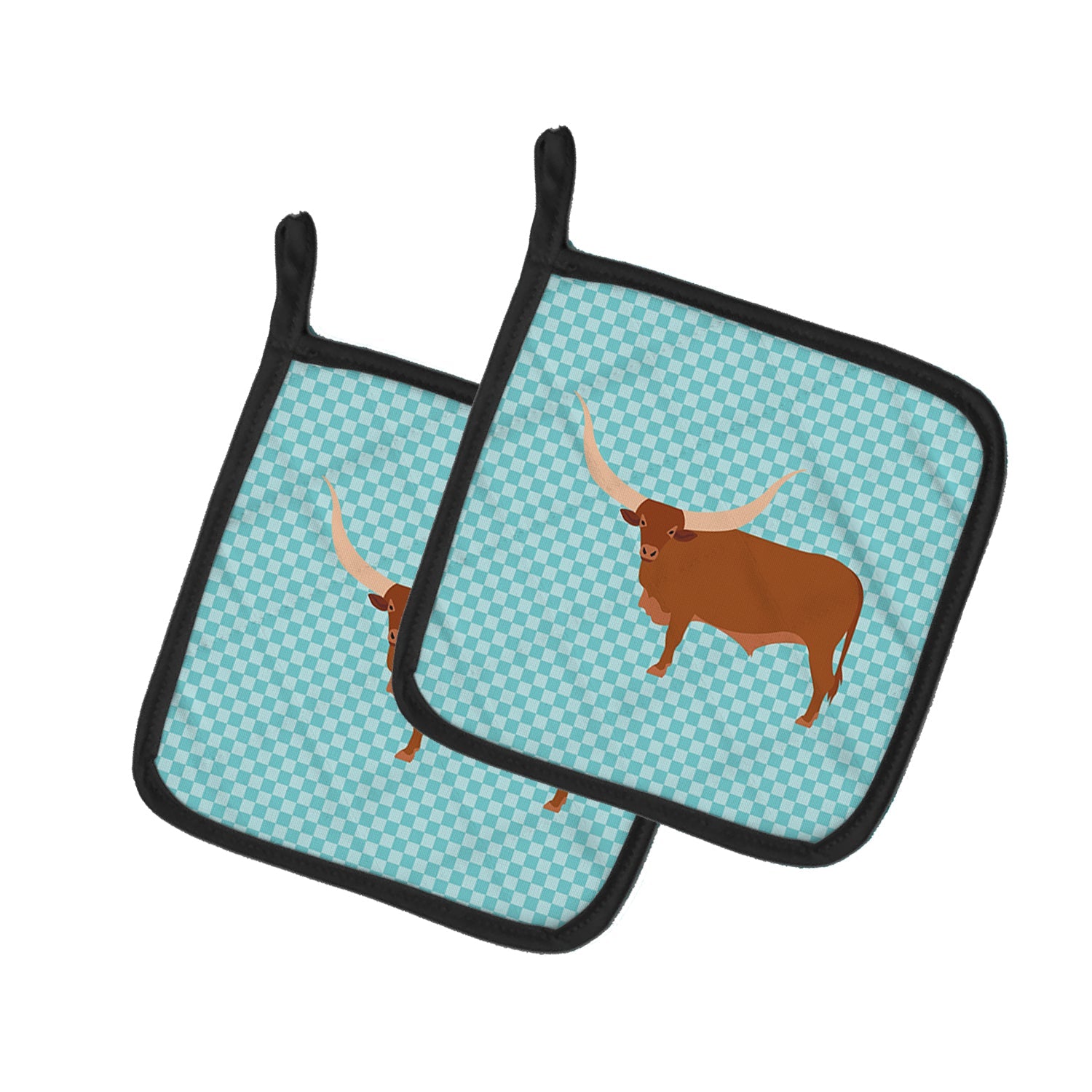 Ankole-Watusu Cow Blue Check Pot Holder Set of 2 Heat Resistant Quilted Hot Pads 7.5 x 7.5 Inch, Insulated Kitchen Trivets for Cooking & Baking