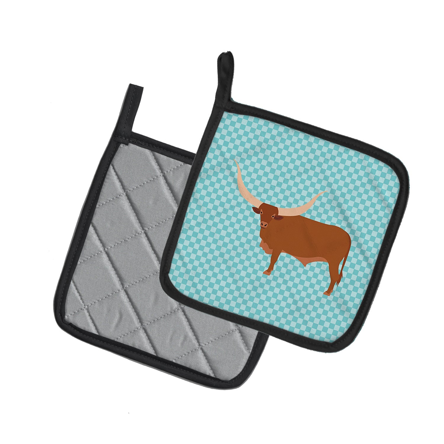 Ankole-Watusu Cow Blue Check Pot Holder Set of 2 Heat Resistant Quilted Hot Pads 7.5 x 7.5 Inch, Insulated Kitchen Trivets for Cooking & Baking