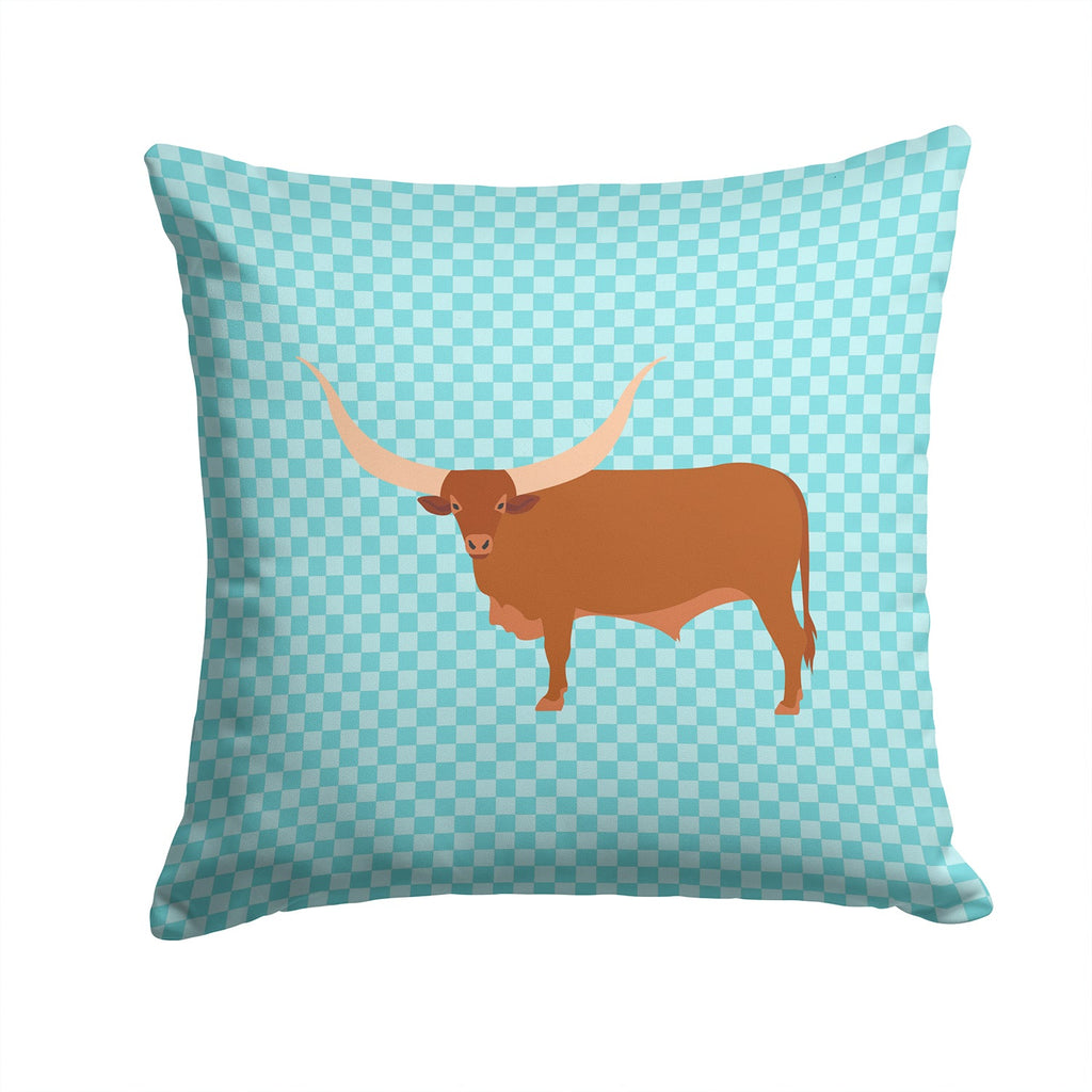 Ankole-Watusu Cow Blue Check Decorative Throw Pillow 14x14 Indoor Outdoor Accent Cushion, Fabric Cover with Insert for Sofa, Bed, Porch & Living Room