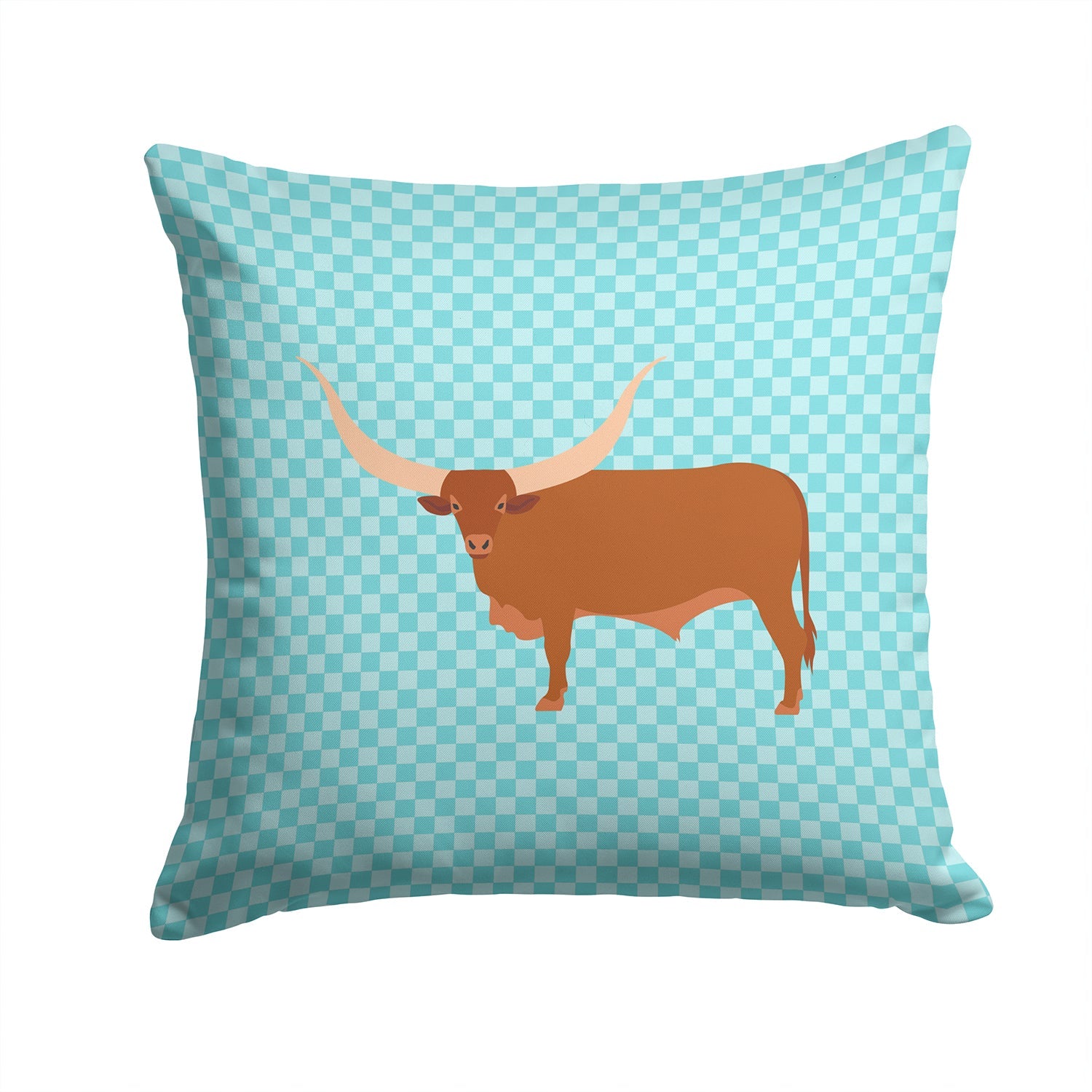 Ankole-Watusu Cow Blue Check Decorative Throw Pillow 14x14 Indoor Outdoor Accent Cushion, Fabric Cover with Insert for Sofa, Bed, Porch & Living Room