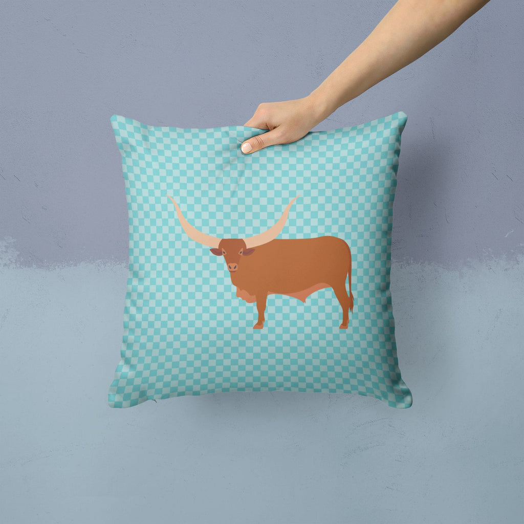 Ankole-Watusu Cow Blue Check Decorative Throw Pillow 14x14 Indoor Outdoor Accent Cushion, Fabric Cover with Insert for Sofa, Bed, Porch & Living Room