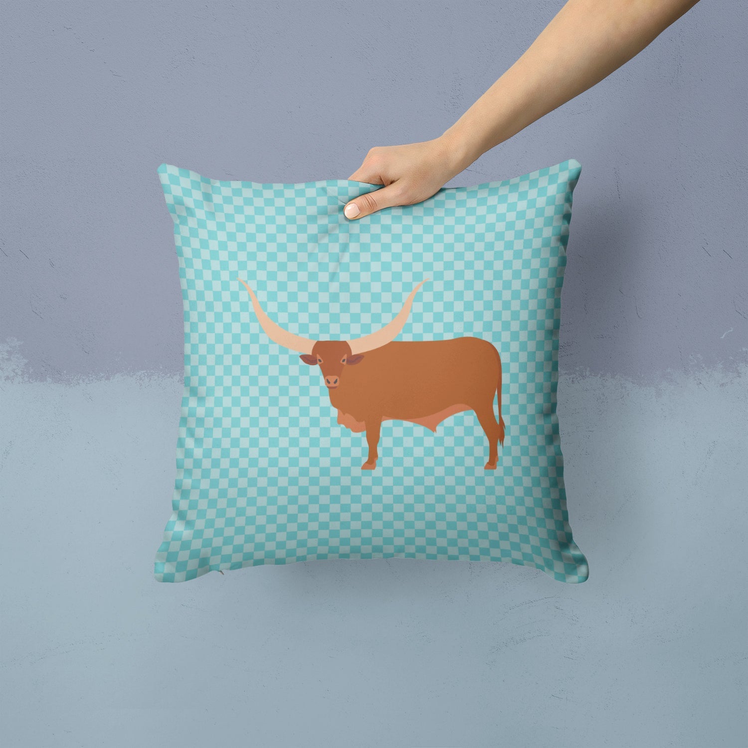 Ankole-Watusu Cow Blue Check Decorative Throw Pillow 14x14 Indoor Outdoor Accent Cushion, Fabric Cover with Insert for Sofa, Bed, Porch & Living Room