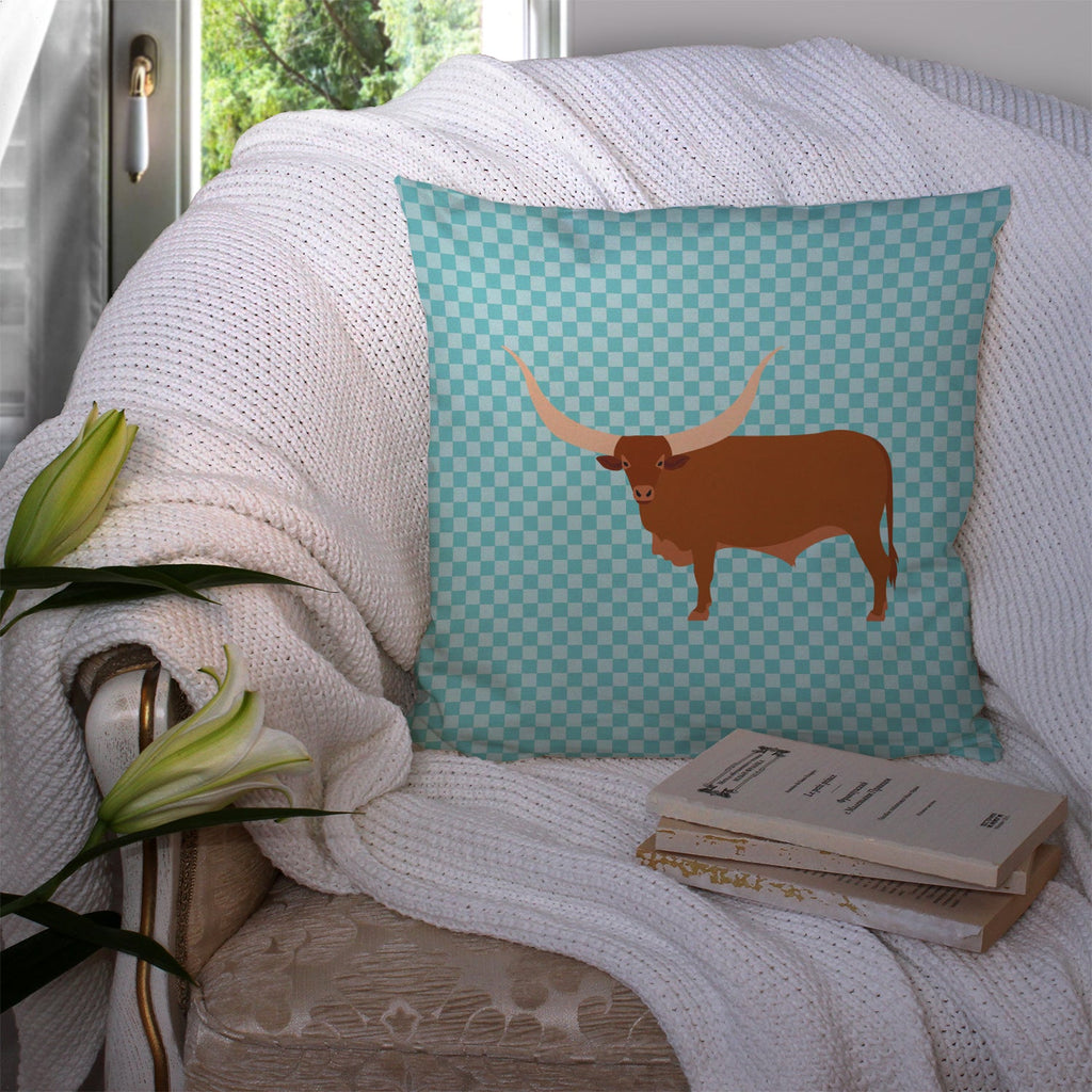 Ankole-Watusu Cow Blue Check Decorative Throw Pillow 14x14 Indoor Outdoor Accent Cushion, Fabric Cover with Insert for Sofa, Bed, Porch & Living Room