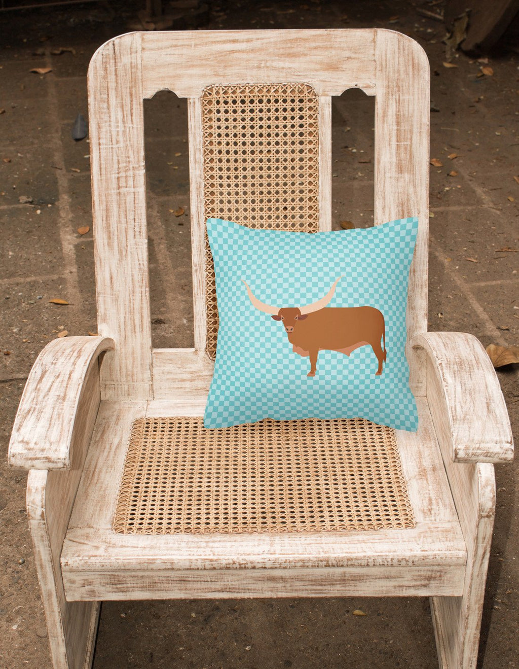 Ankole-Watusu Cow Blue Check Decorative Throw Pillow 18x18 Indoor Outdoor Accent Cushion, Fabric Cover with Insert for Sofa, Bed, Porch & Living Room