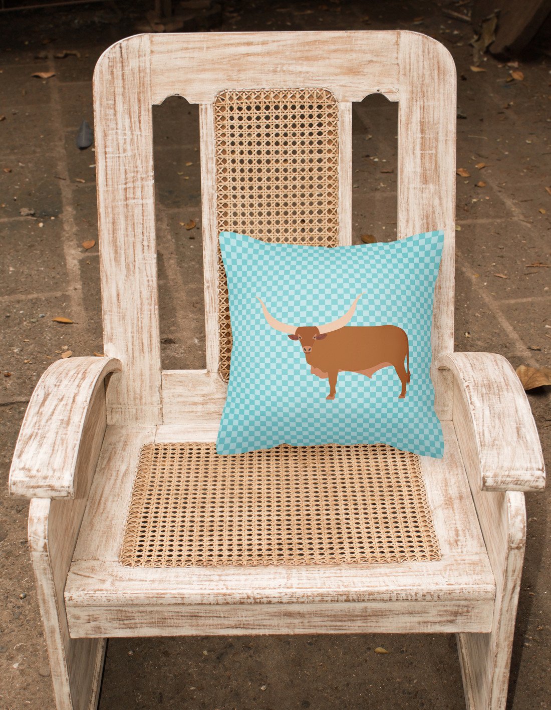 Ankole-Watusu Cow Blue Check Decorative Throw Pillow 18x18 Indoor Outdoor Accent Cushion, Fabric Cover with Insert for Sofa, Bed, Porch & Living Room