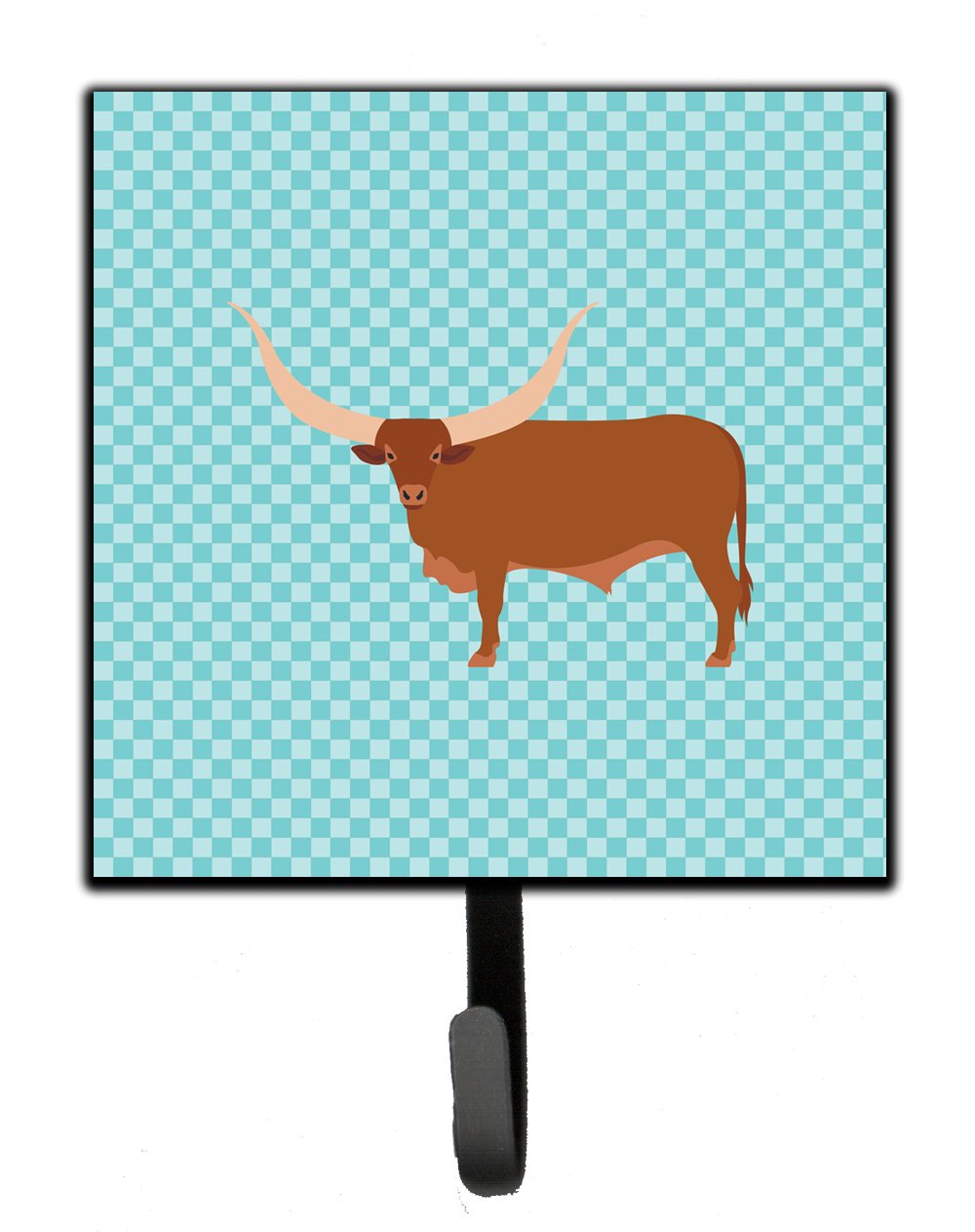 Ankole-Watusu Cow Blue Check Leash or Key Holder Wall Hooks, Key Hooks Holder, Coat Rack Wall Mount, Coat Hooks, Hooks for Hanging Keys, Towels, Aprons, Leashes
