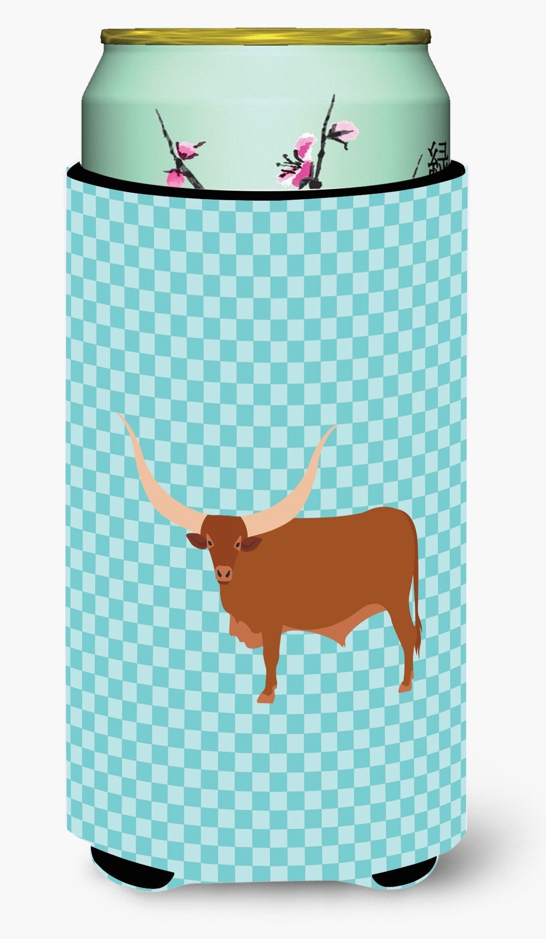 Ankole-Watusu Cow Blue Check Tall Boy Hugger Can Cooler Sleeve Machine Washable Drink Collapsible Insulator Beverage Insulated Holder