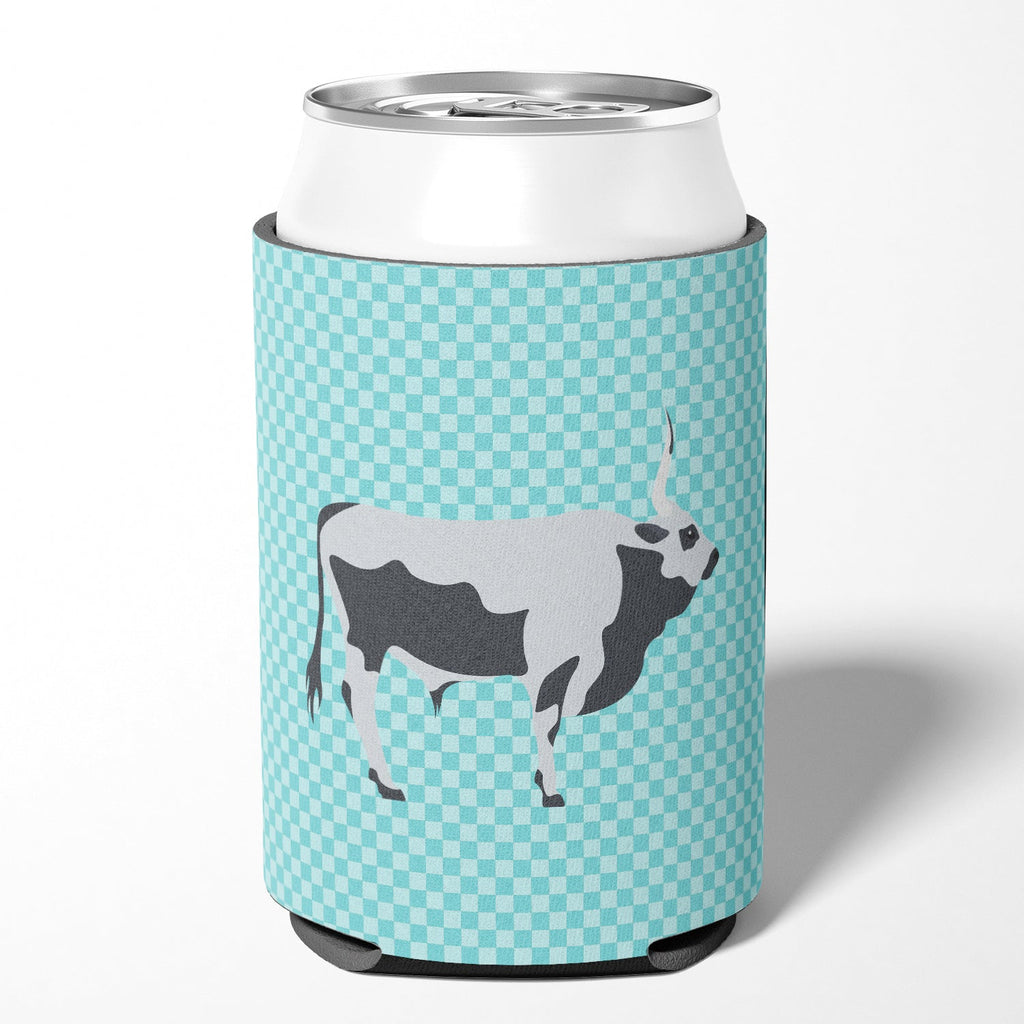 Hungarian Grey Steppe Cow Blue Check Can or Bottle Hugger Cooler Sleeve for Standard 12 oz Cans, Insulated Foam Beer & Soda Can Hugger Reusable
