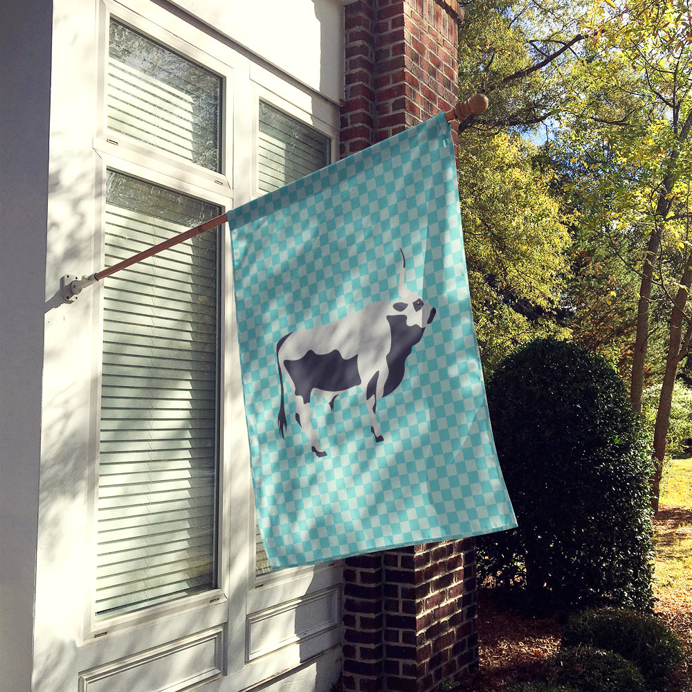 Hungarian Grey Steppe Cow Blue Check House Flag 28x40 Porch Sleeve Pole Decorative Outside Yard Banner Artwork Wall Hanging, Polyester