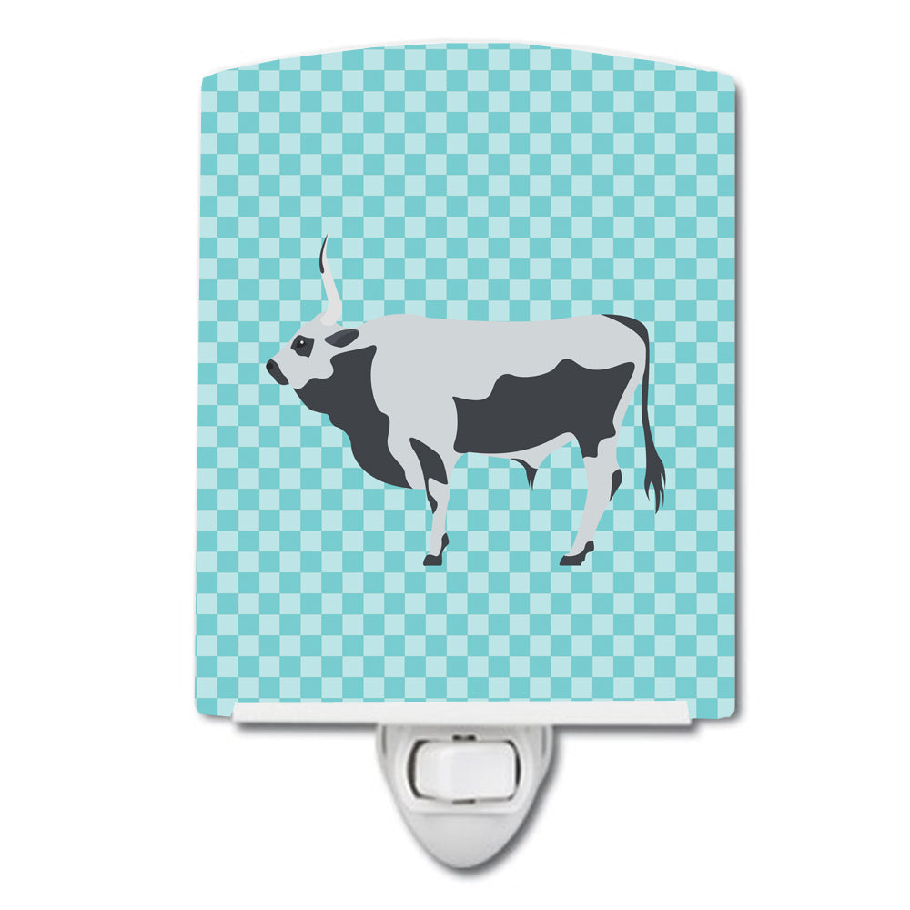 Hungarian Grey Steppe Cow Blue Check Ceramic Night Light Compact, UL-Certified, Ideal for Bedroom, Bathroom, Nursery, Hallway, Kitchen, 6x4x3, Multicolor